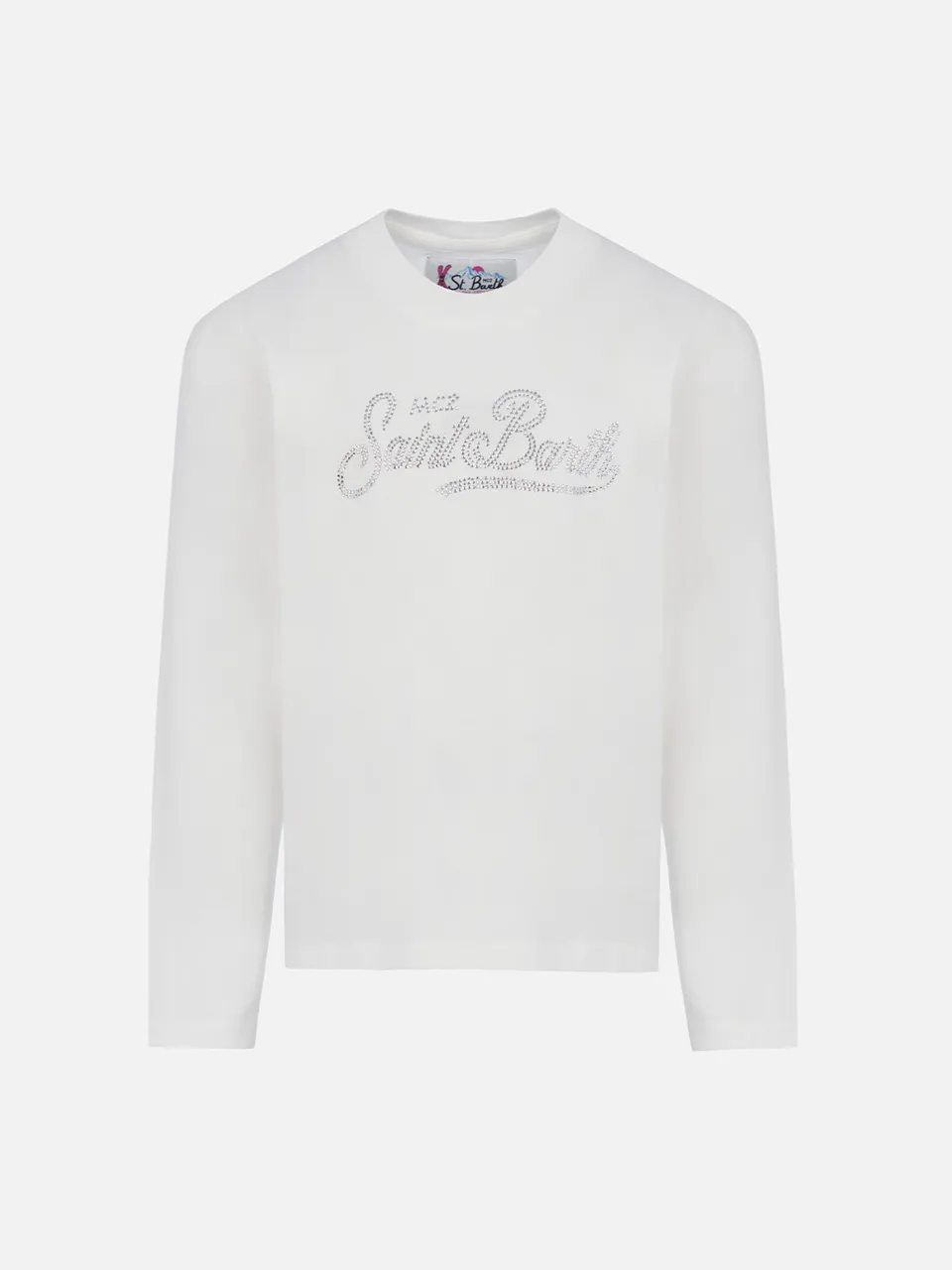mc2-saint-barth-penny-t-shirt-bambina-bianca-maniche-lunghe-logo-strass image 1
