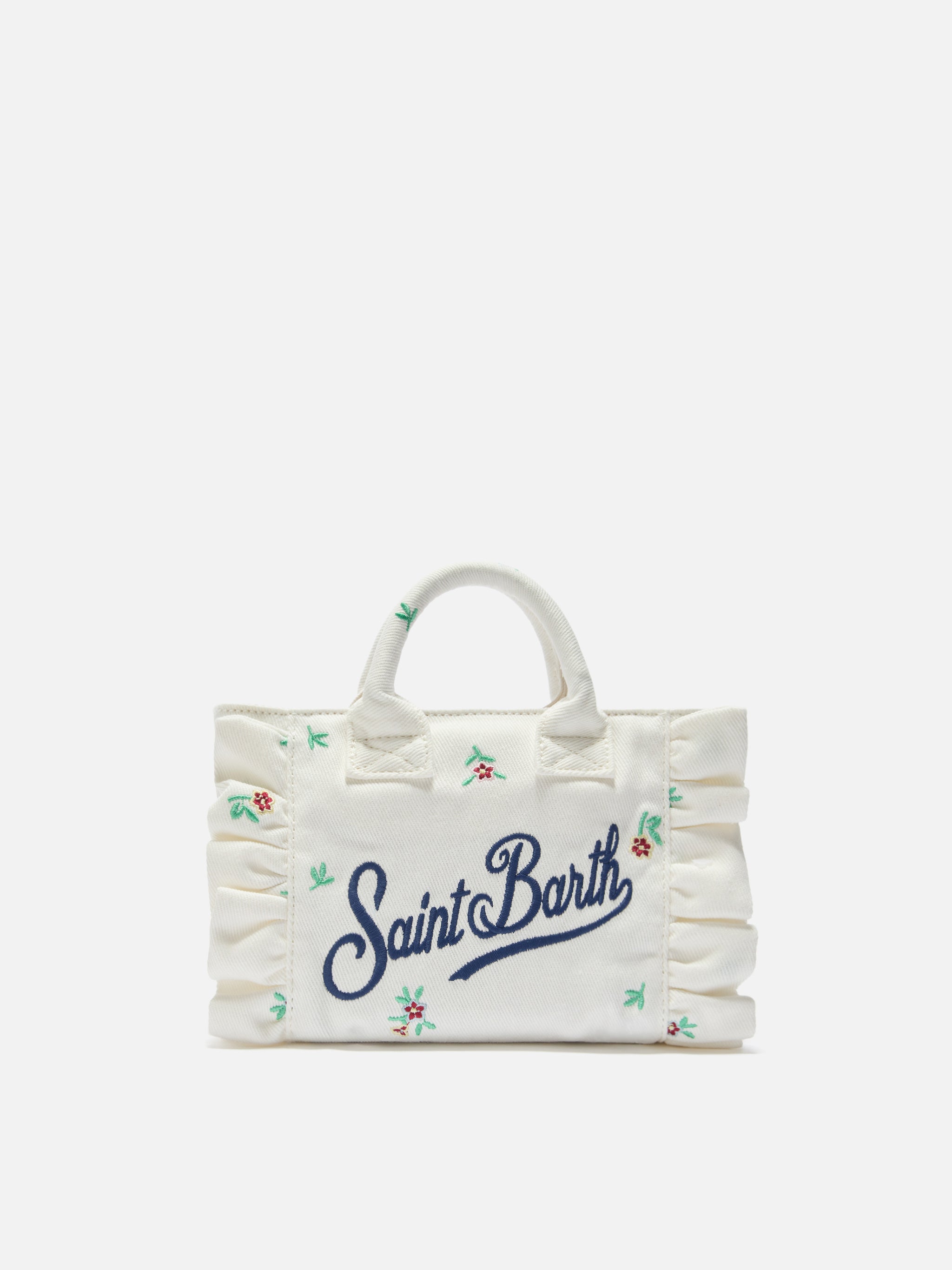 mc2-saint-barth-vanity-mini-volant-borsa-denim-bianca-fiori-ricamati image 1