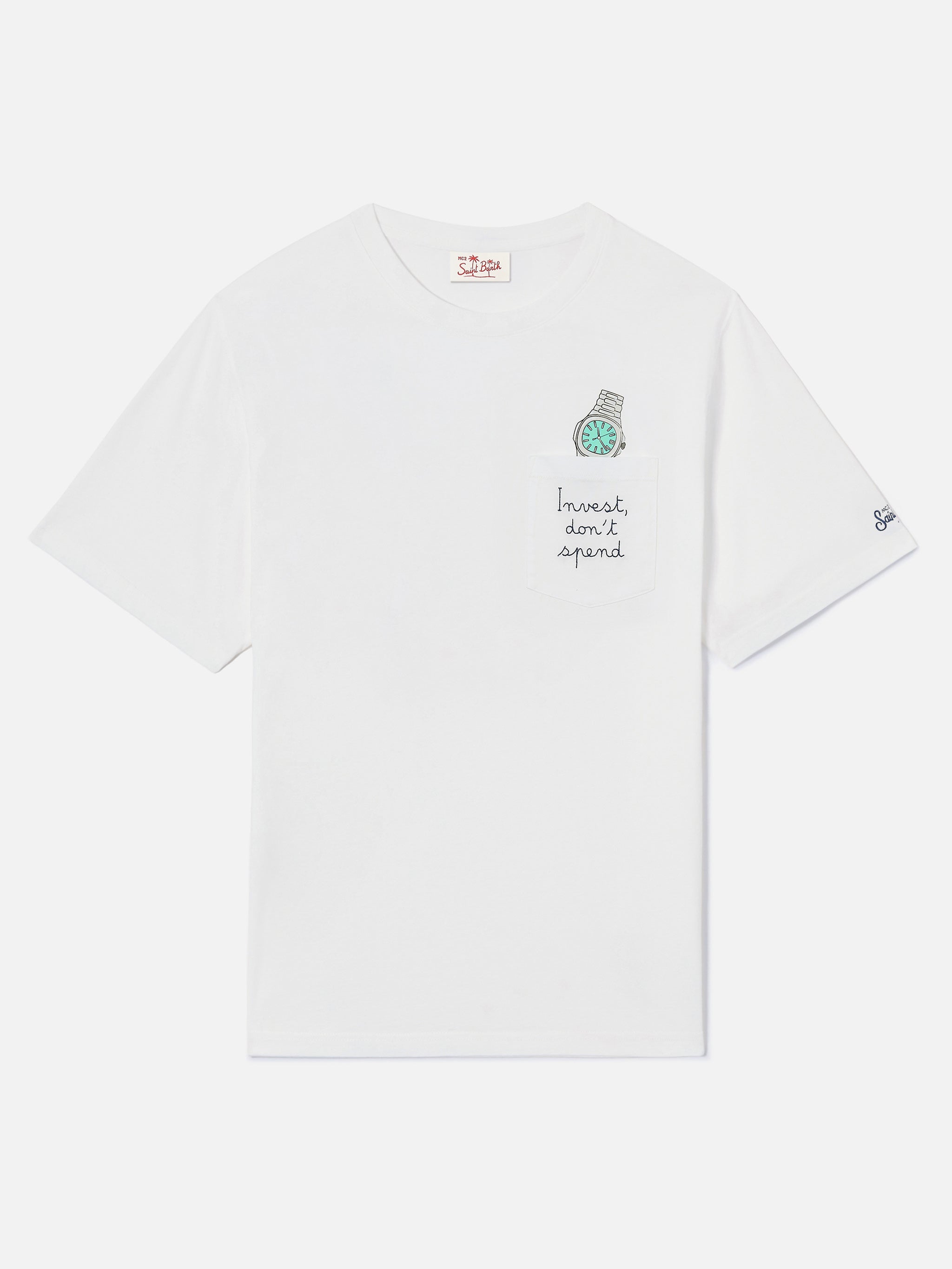 mc2-saint-barth-t-shirt-austin-bianca-in-puro-cotone-con-ricamo-orologio-invest- image 2
