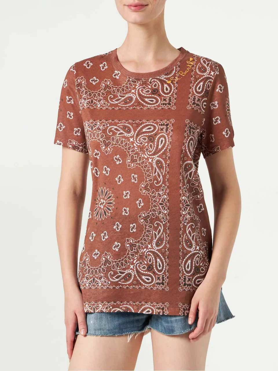 mc2-saint-barth-t-shirt-scarlett-in-lino-fantasia-bandana-marrone image 1