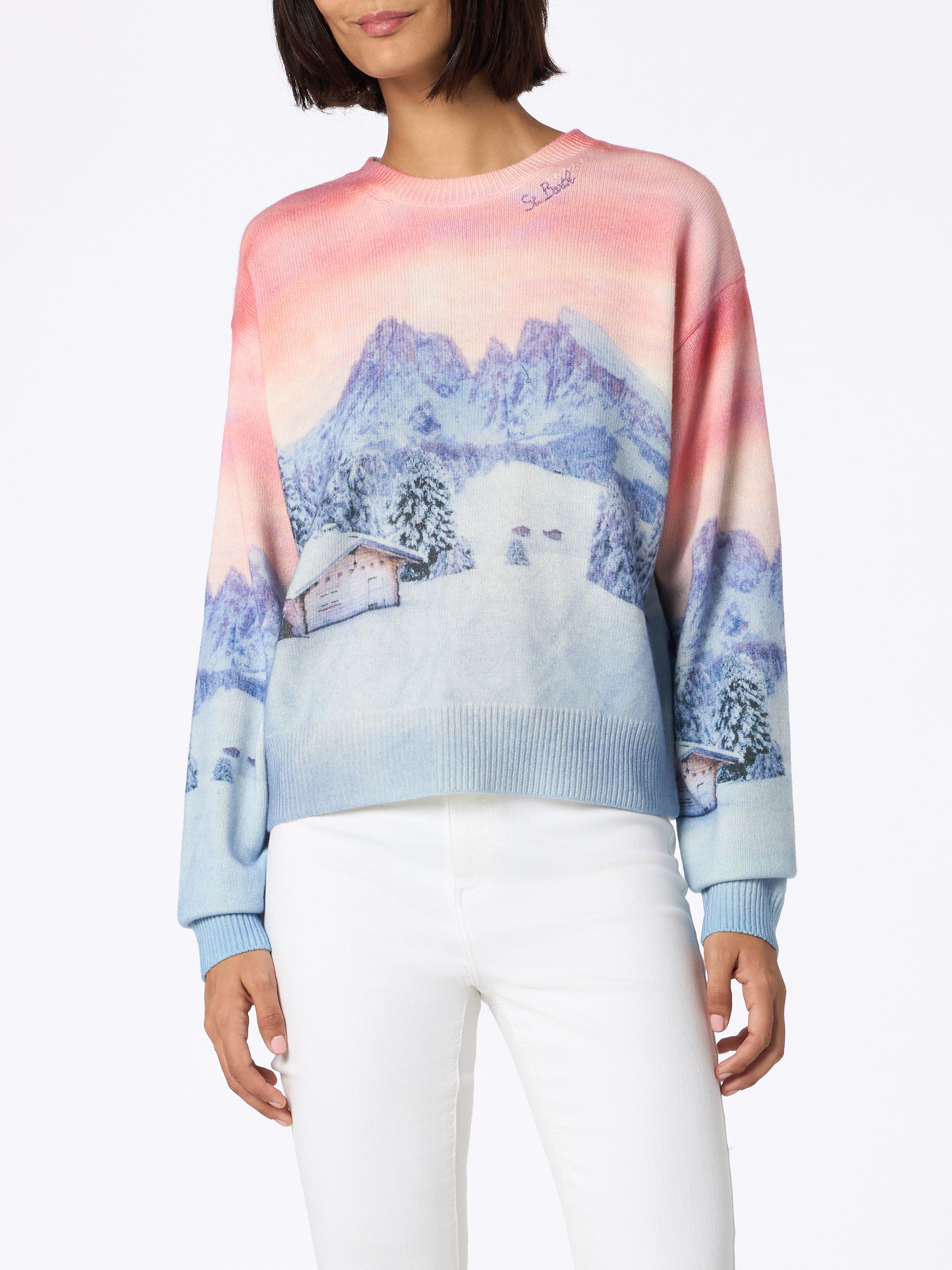 mc2-saint-barth-maglia-louise-in-misto-cashmere-con-stampa-chalet-sunset image 1