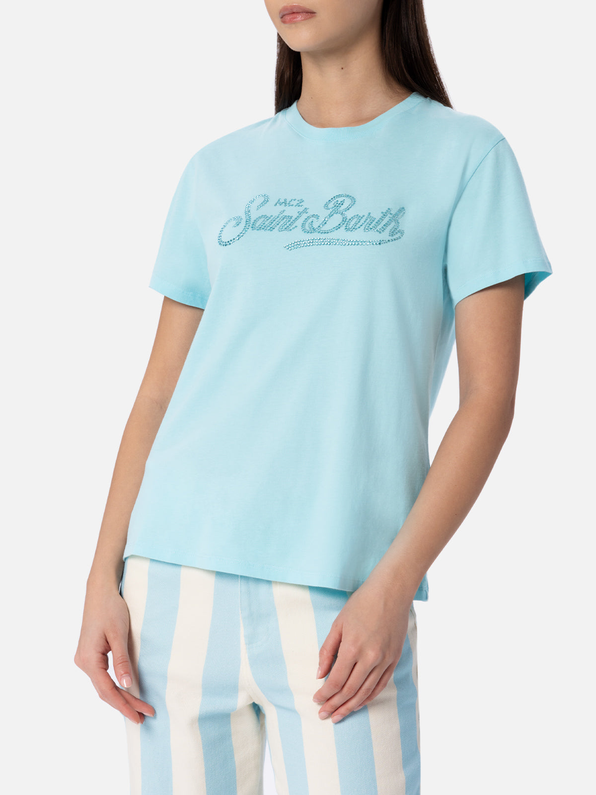 mc2-saint-barth-t-shirt-emilie-donna-in-cotone-verde-acqua-con-strass image 1