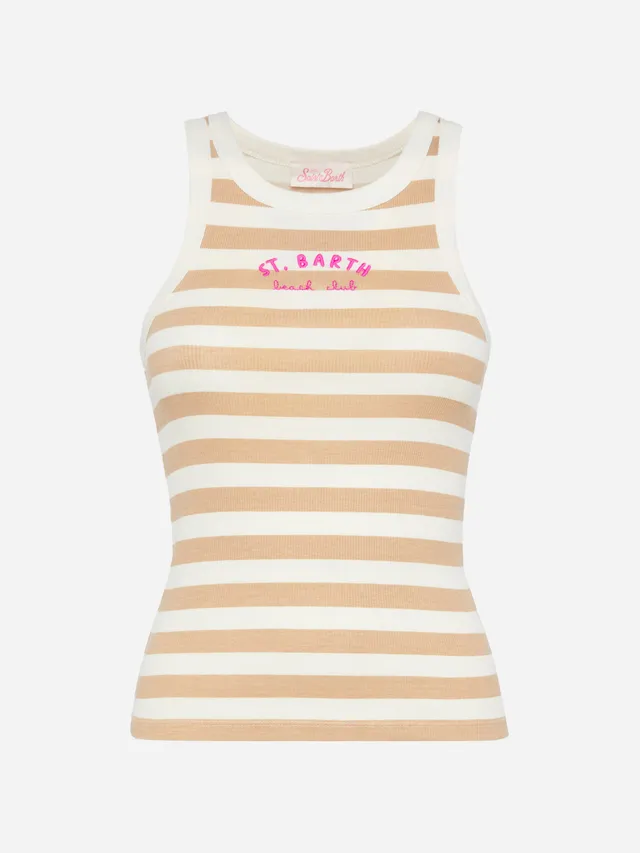 mc2-saint-barth-ada-canotta-donna-in-cotone-a-coste-a-righe-beige image 1