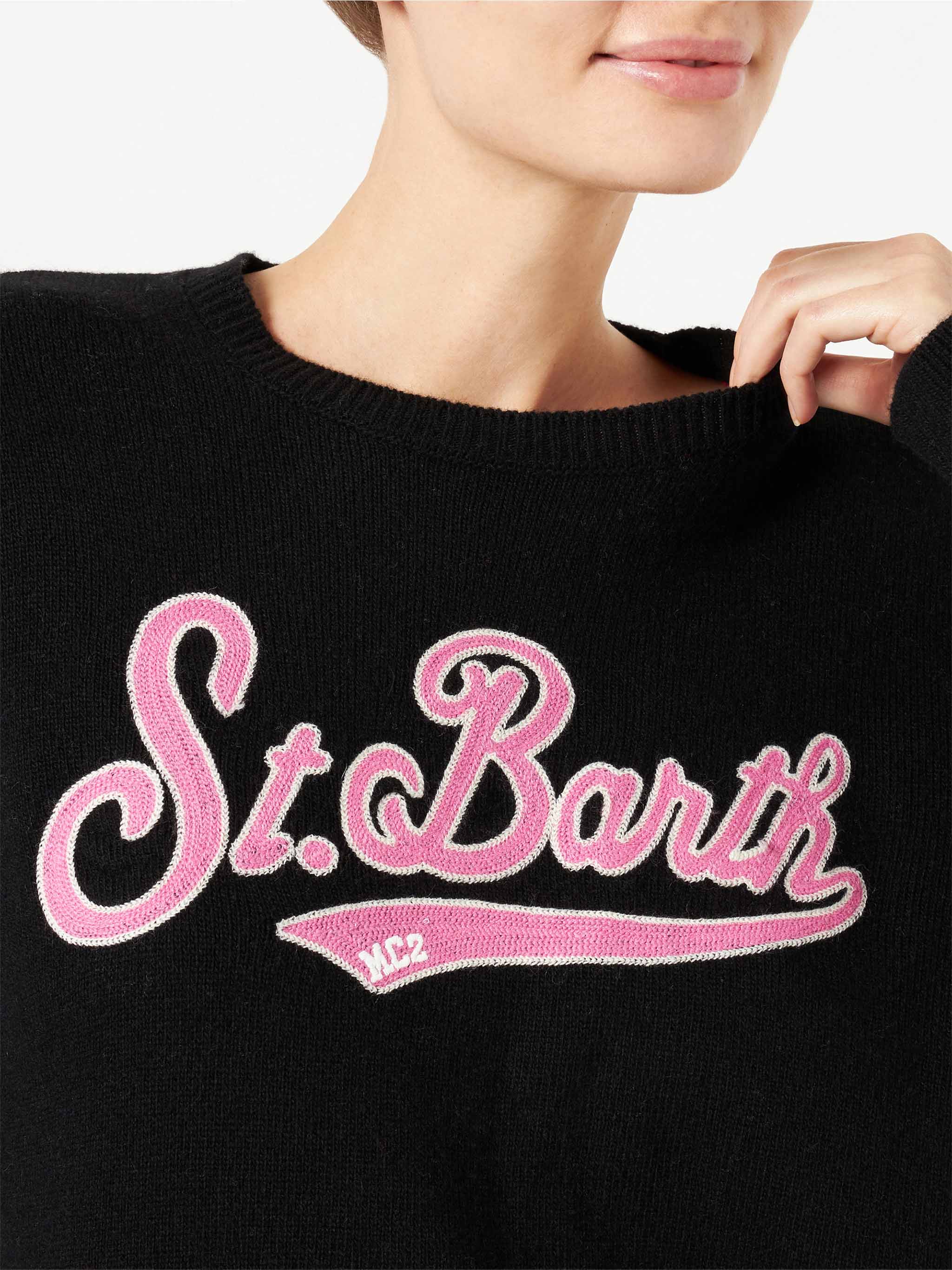 mc2-saint-barth-new-queen-maglione-donna-nero-logo-spugna-rosa image 2