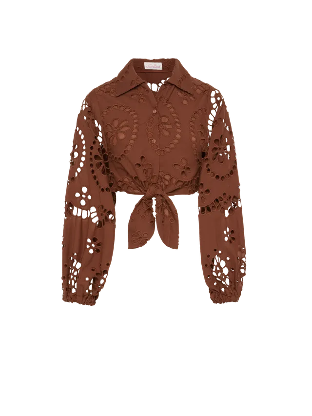 mc2-saint-barth-febe-camicia-corta-donna-pizzo-sangallo-cotone-marrone-cammello image 1