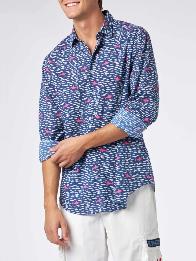 mc2-saint-barth-camicia-sikelia-uomo-mussola-cotone-stampa-pesci-e-squali-blu image 1