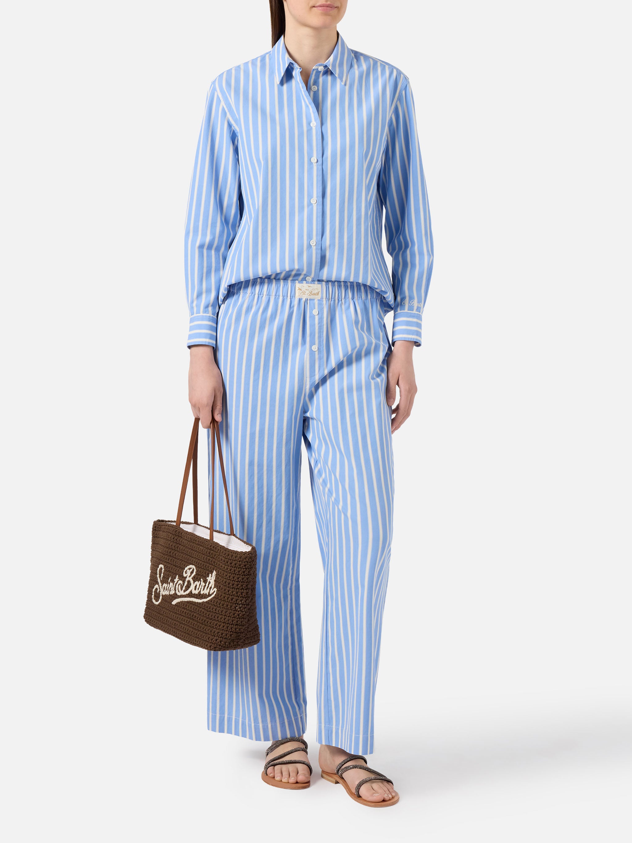 mc2-saint-barth-pantaloni-doha-donna-in-popeline-di-cotone-a-righe-azzurre image 2
