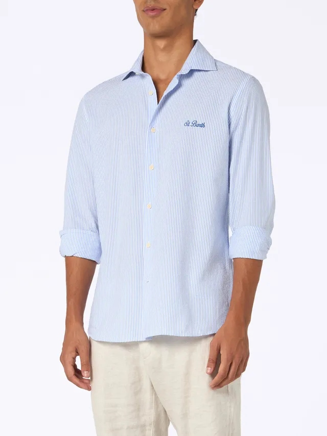 mc2-saint-barth-camicia-uomo-pamplona-in-cotone-seersucker-a-righe-azzurre image 1