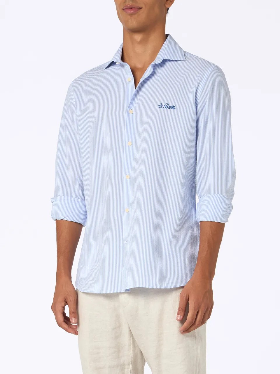 mc2-saint-barth-camicia-uomo-pamplona-in-cotone-seersucker-a-righe-azzurre image 1