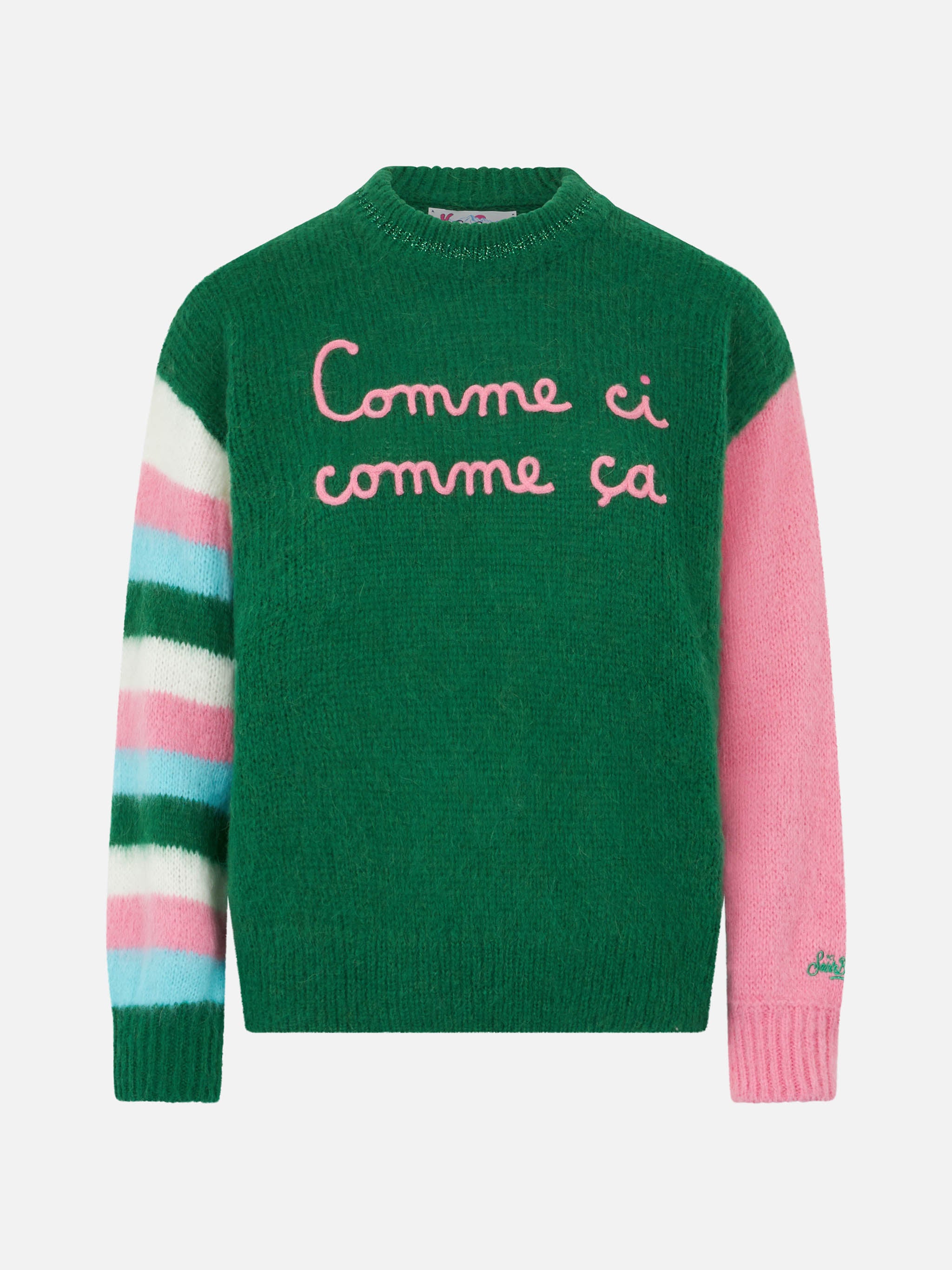mc2-saint-barth-maglione-danya-soft-boxy-verde-con-ricamo-e-maniche-rosa image 4