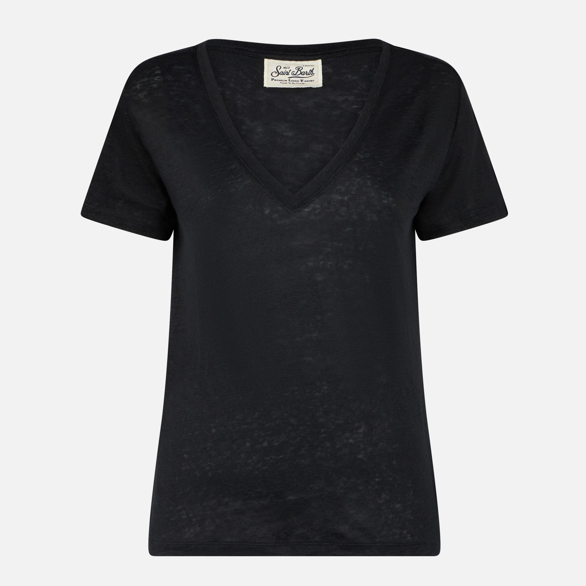 mc2-saint-barth-t-shirt-donna-in-lino-nero-scollo-a-v-stile-st-barth image 4