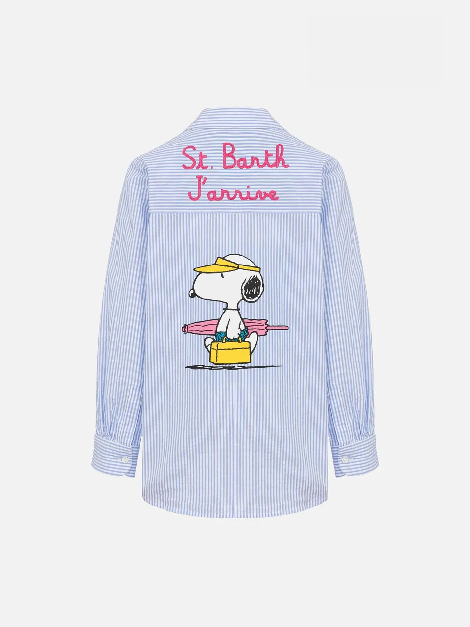mc2-saint-barth-mini-brigitte-camicia-donna-seersucker-snoopy-peanuts-righe-azzu image 1