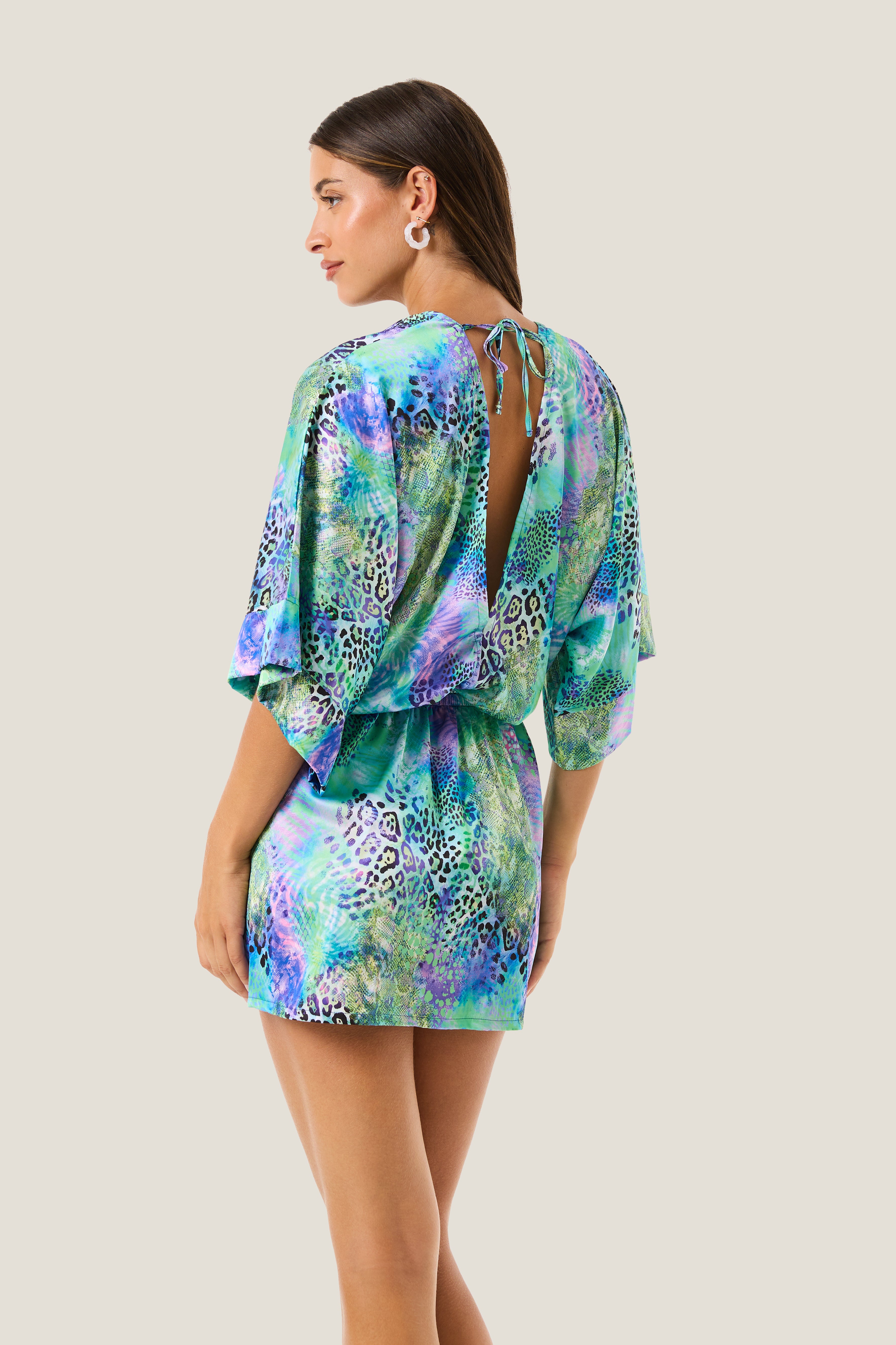 4giveness-abito-corto-scollo-v-manica-3-4-patch-animalier-donna-cover-up image 2