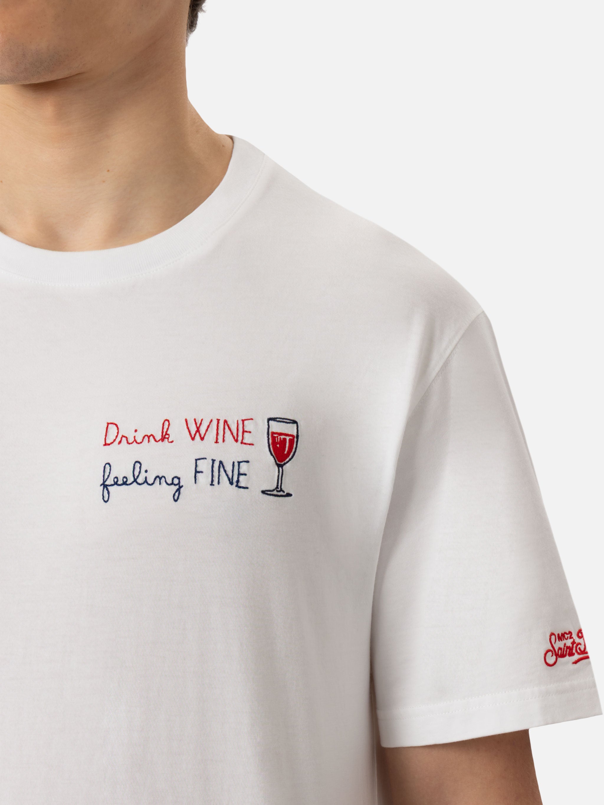 mc2-saint-barth-portofino-t-shirt-uomo-bianca-ricamo-drink-wine-feeling-fine image 1