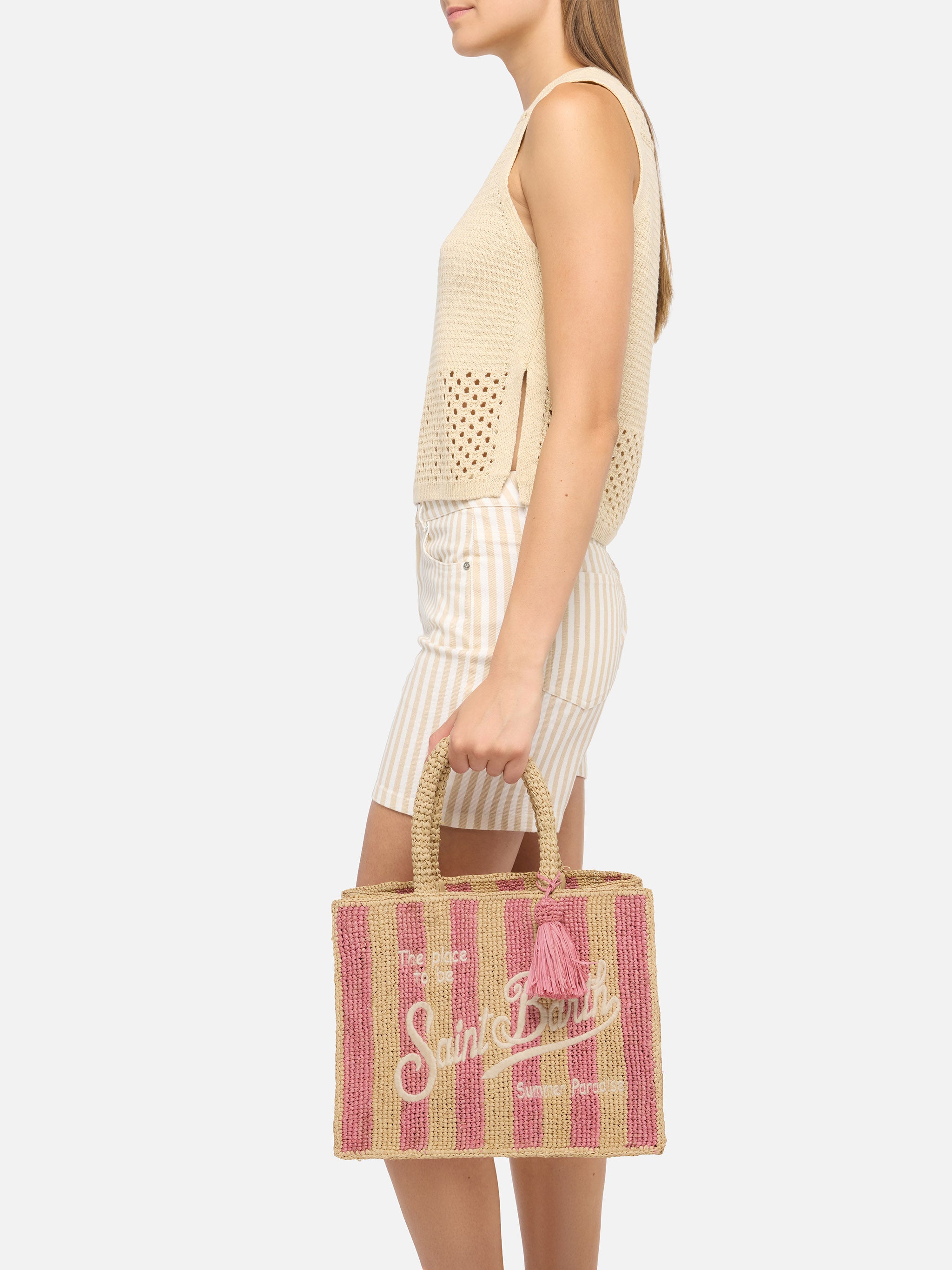 mc2-saint-barth-borsa-colette-in-rafia-rosa-a-righe-con-logo-ricamato image 2