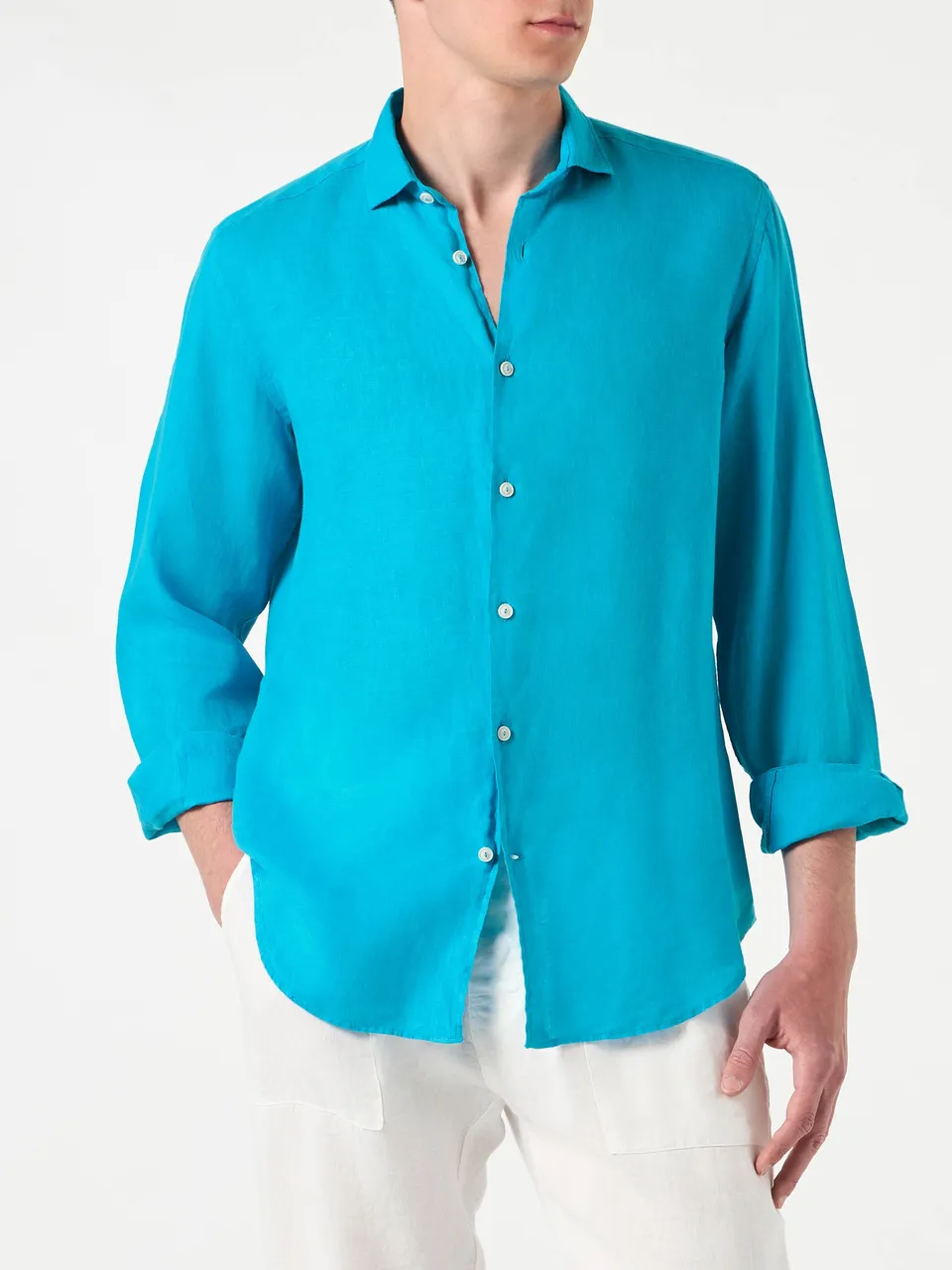mc2-saint-barth-camicia-pamplona-uomo-in-lino-turchese-maniche-lunghe image 1