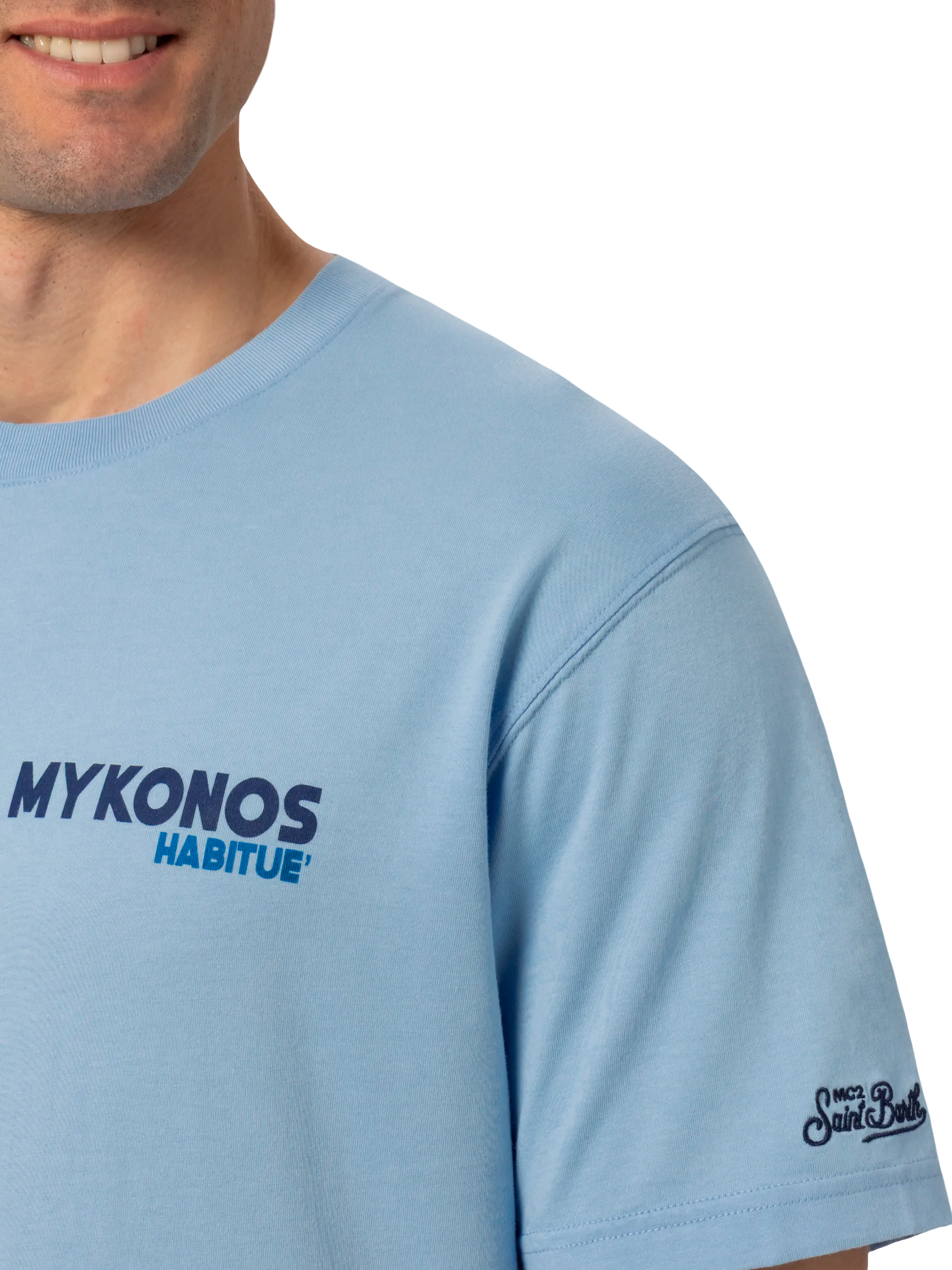 mc2-saint-barth-man-t-shirt-uomo-cotone-blu-stampa-postcard-mykonos image 2