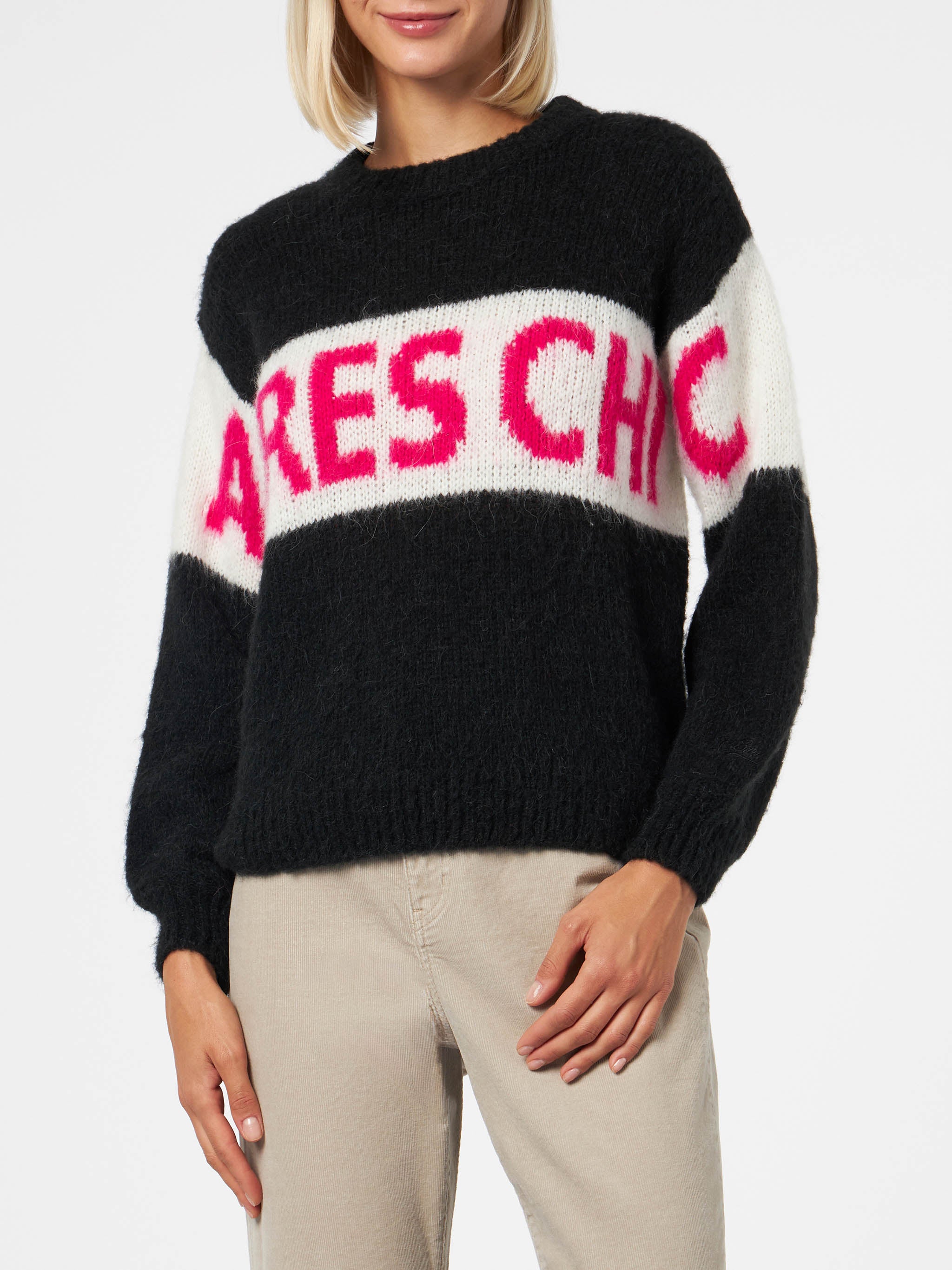 mc2-saint-barth-danya-soft-maglione-donna-nero-fucsia-jacquard-apr-s-chic image 1