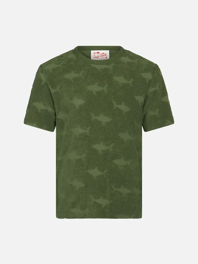 mc2-saint-barth-gary-t-shirt-bambino-spugna-verde-militare-motivo-squali image 1
