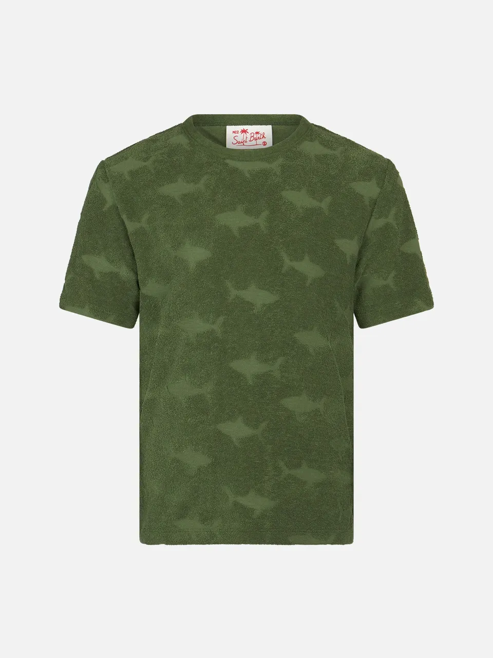 mc2-saint-barth-gary-t-shirt-bambino-spugna-verde-militare-motivo-squali image 1