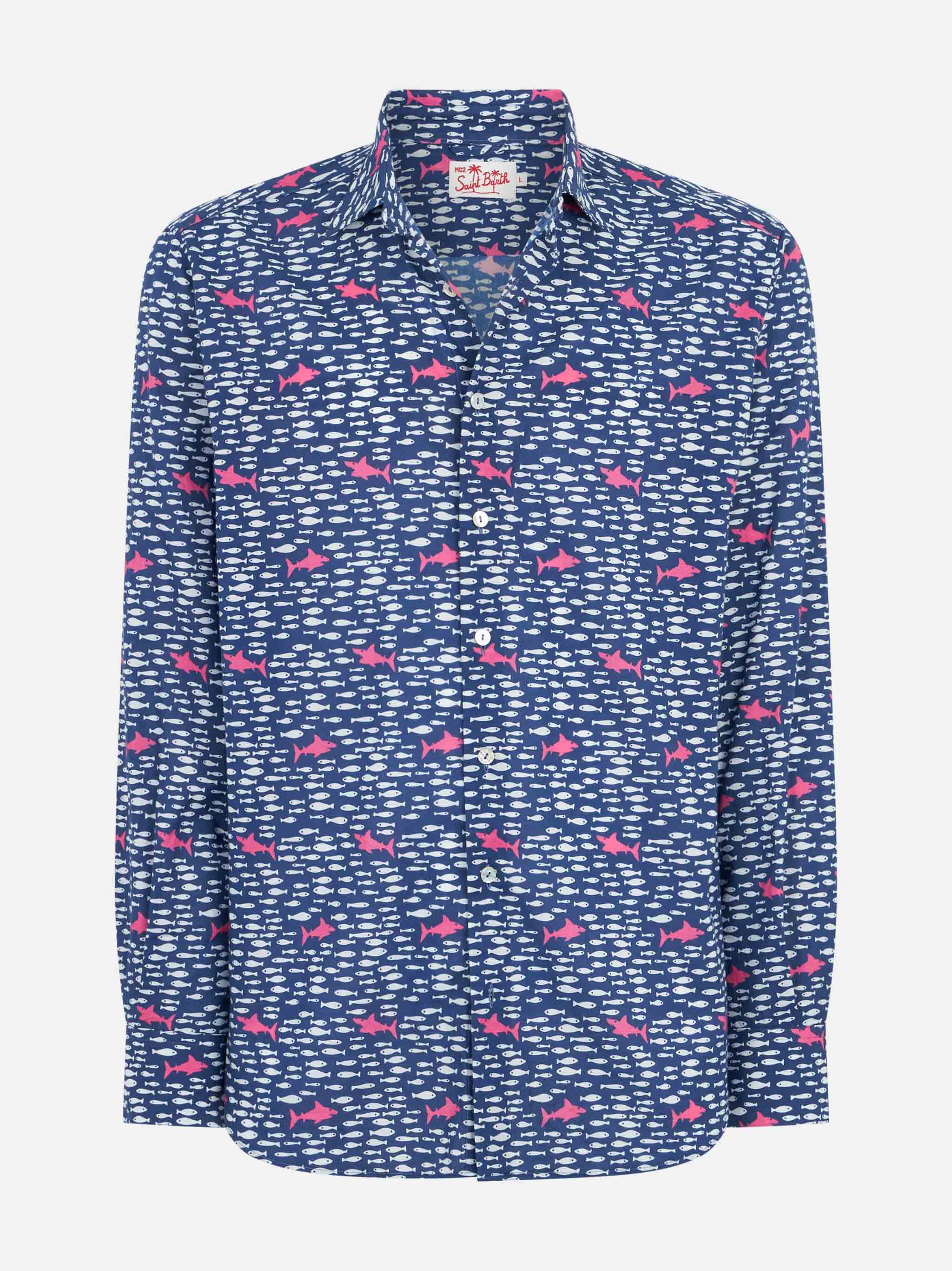 mc2-saint-barth-camicia-sikelia-uomo-mussola-cotone-stampa-pesci-e-squali-blu image 4
