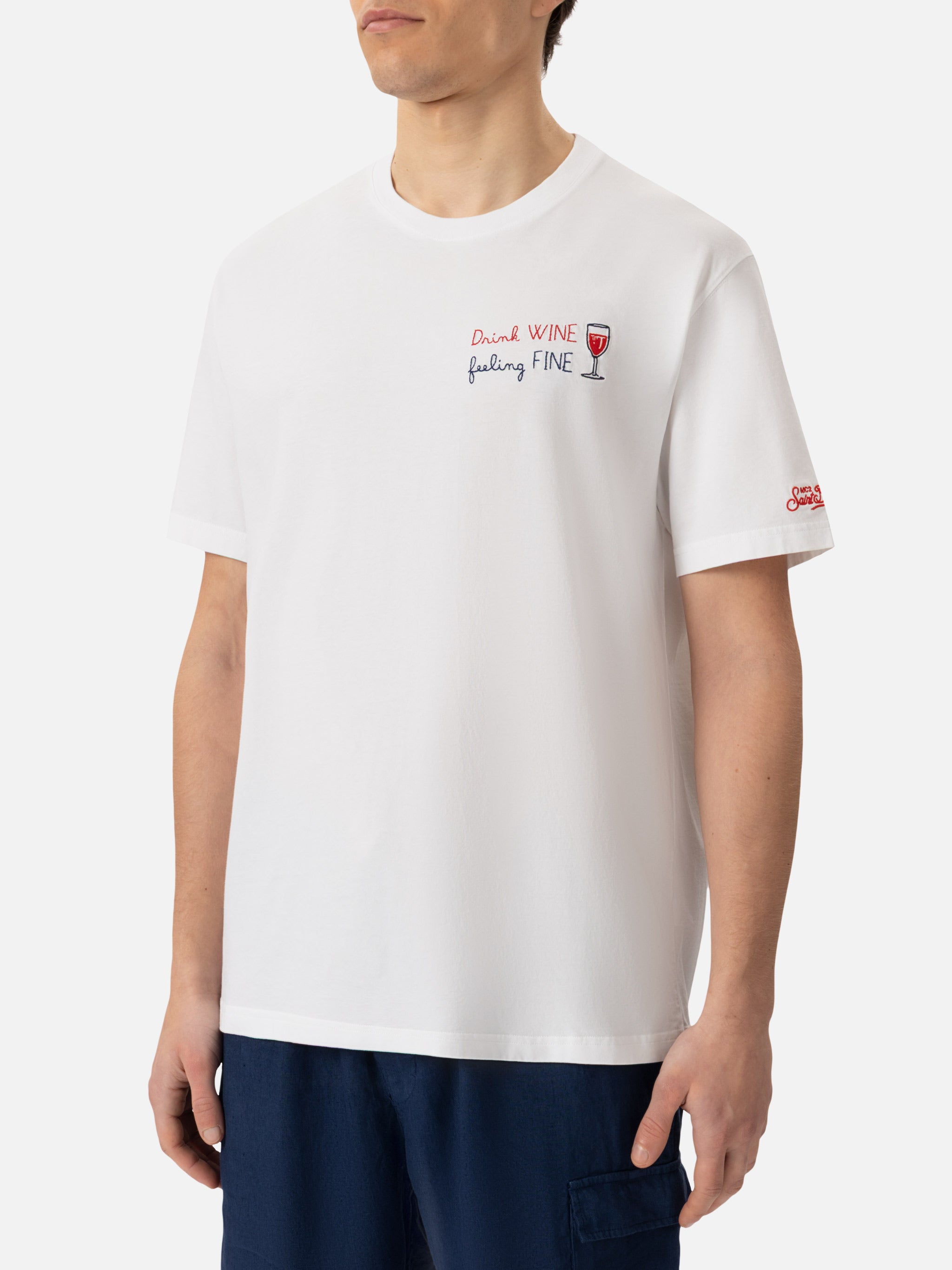 mc2-saint-barth-portofino-t-shirt-uomo-bianca-ricamo-drink-wine-feeling-fine image 2