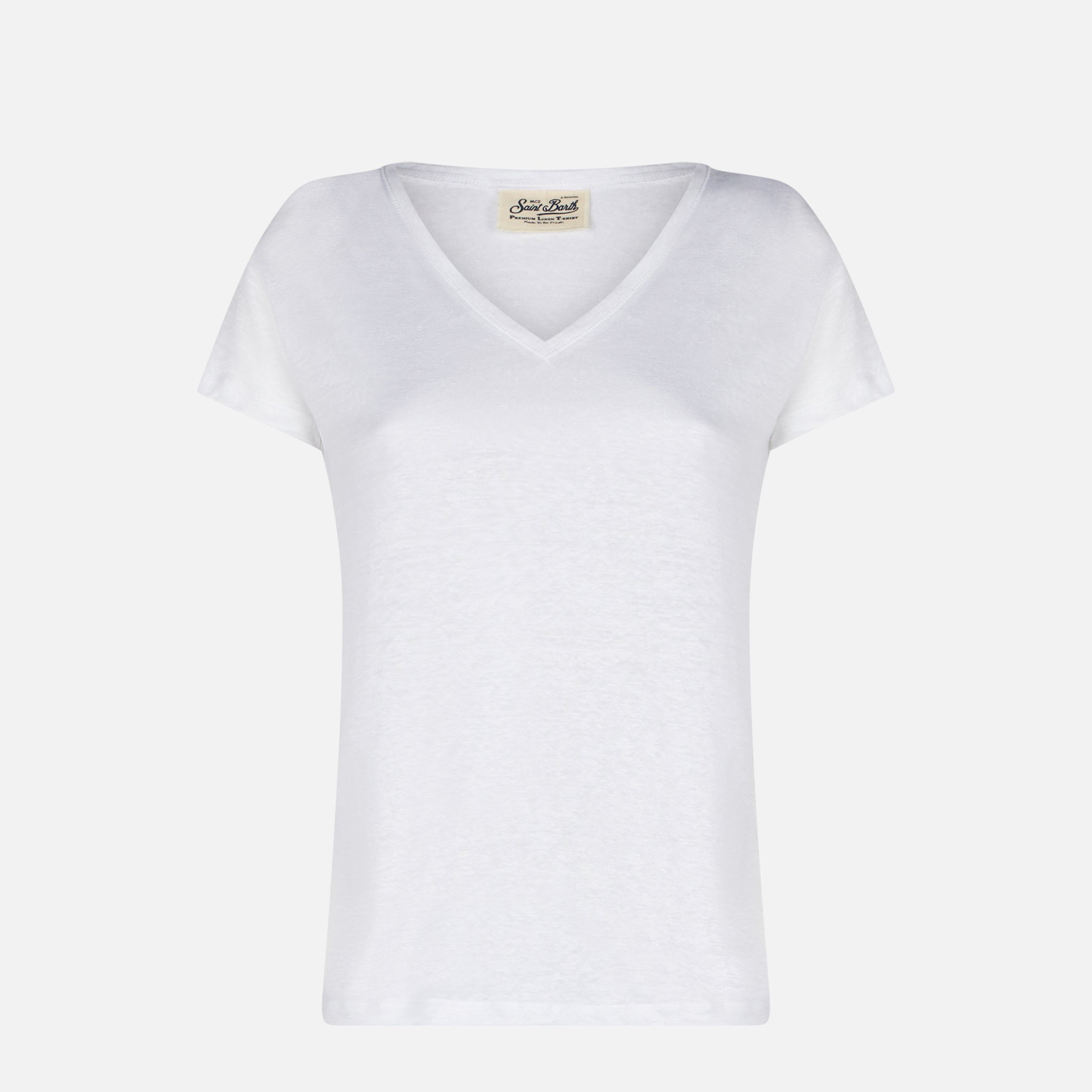 mc2-saint-barth-t-shirt-eloise-in-lino-bianco-tinta-unita-scollo-a-v-maniche-cor image 4