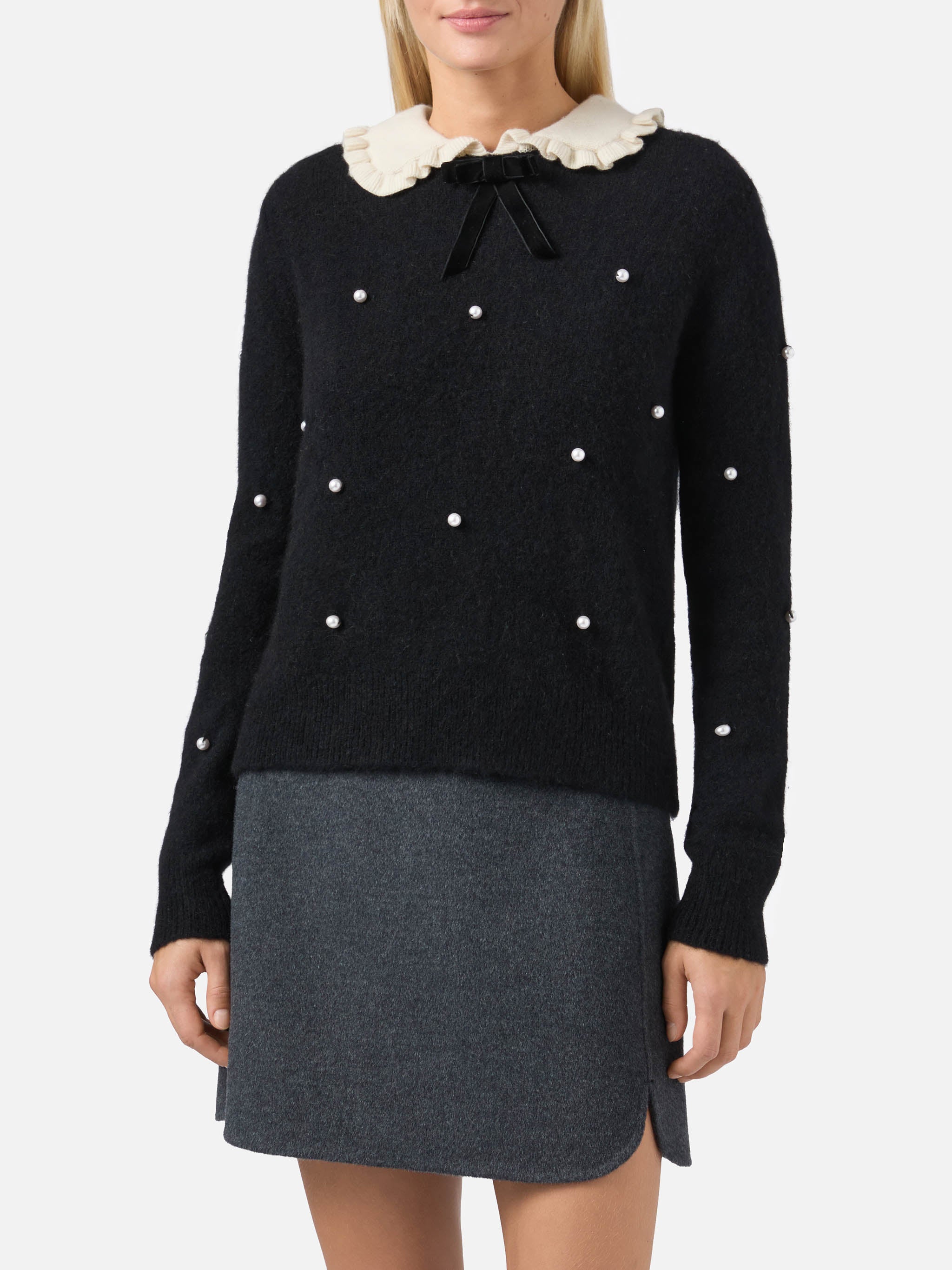 mc2-saint-barth-levine-maglione-donna-nero-con-colletto-fiocco-e-perle image 1