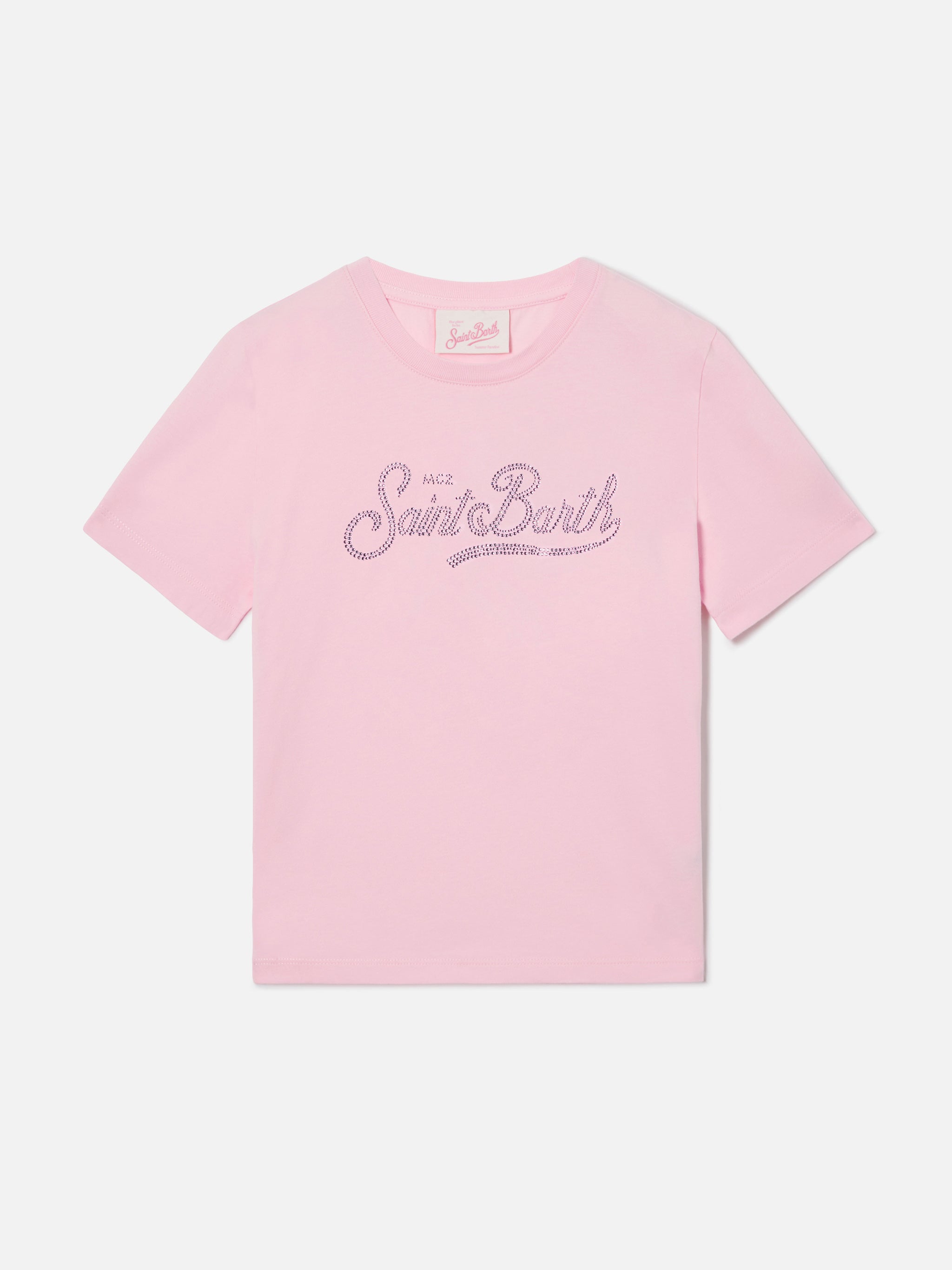 mc2-saint-barth-t-shirt-elly-bambina-in-cotone-rosa-con-strass image 1