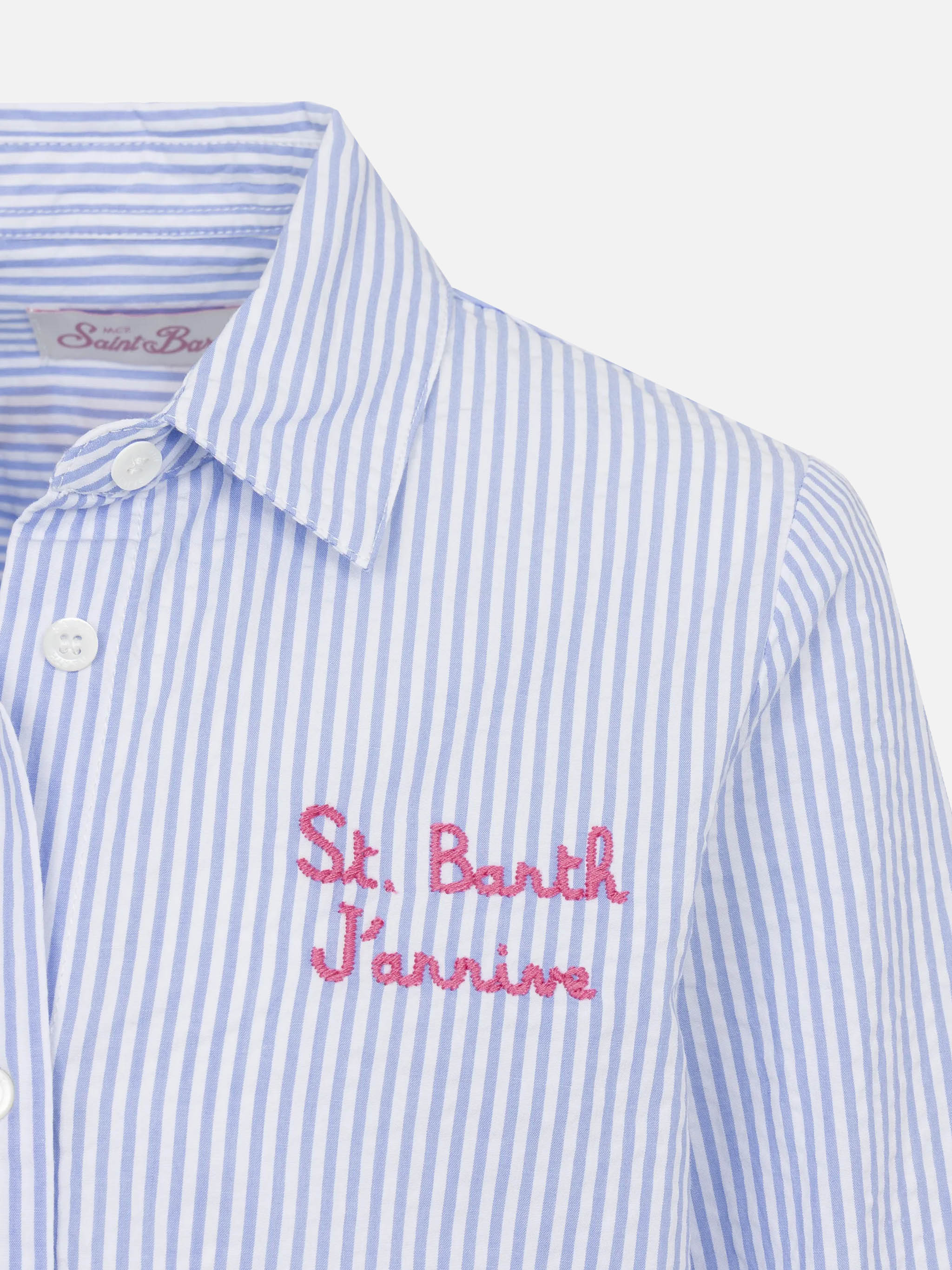 mc2-saint-barth-mini-brigitte-camicia-donna-seersucker-snoopy-peanuts-righe-azzu image 3