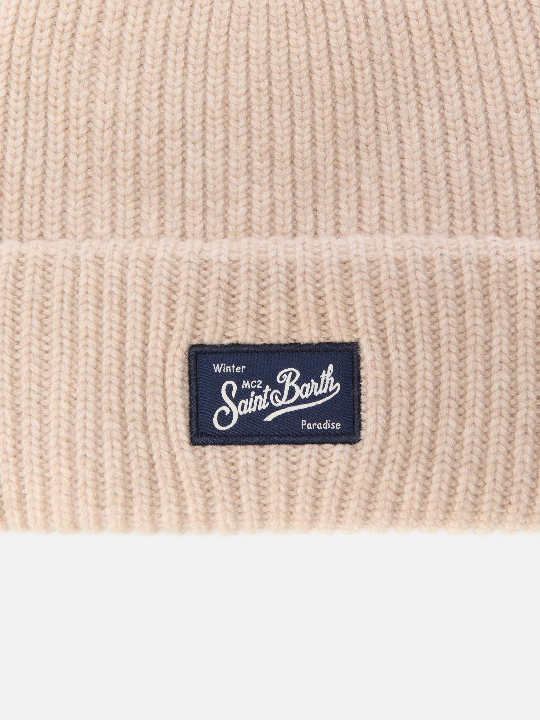 berretto-mc2-saint-barth-berry-a-coste-beige-con-patch-logo-misto-lana-e-cashmer image 2