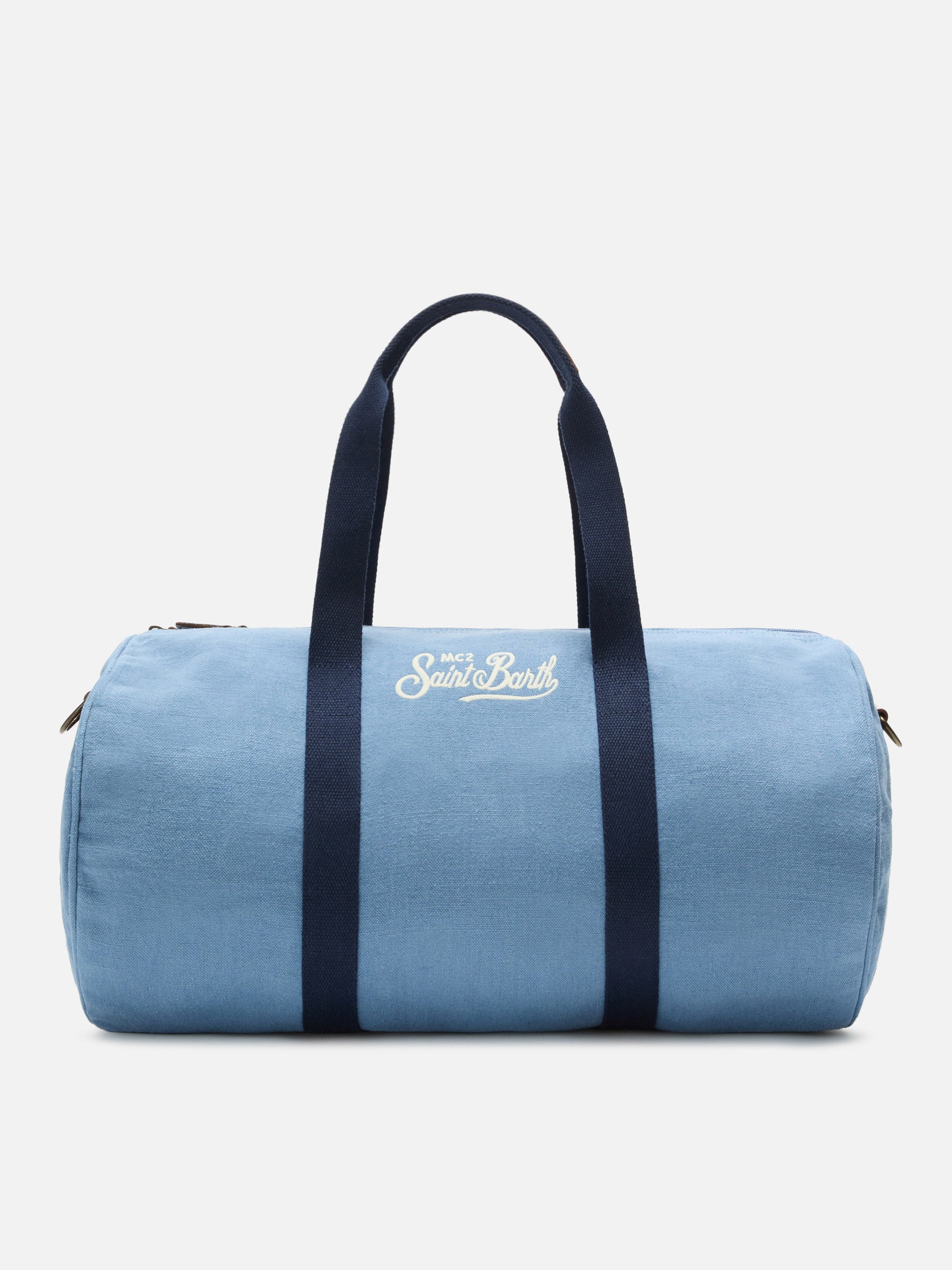 borsone-da-viaggio-mc2-saint-barth-round-jetleg-in-lino-blu-con-logo-ricamato image 1