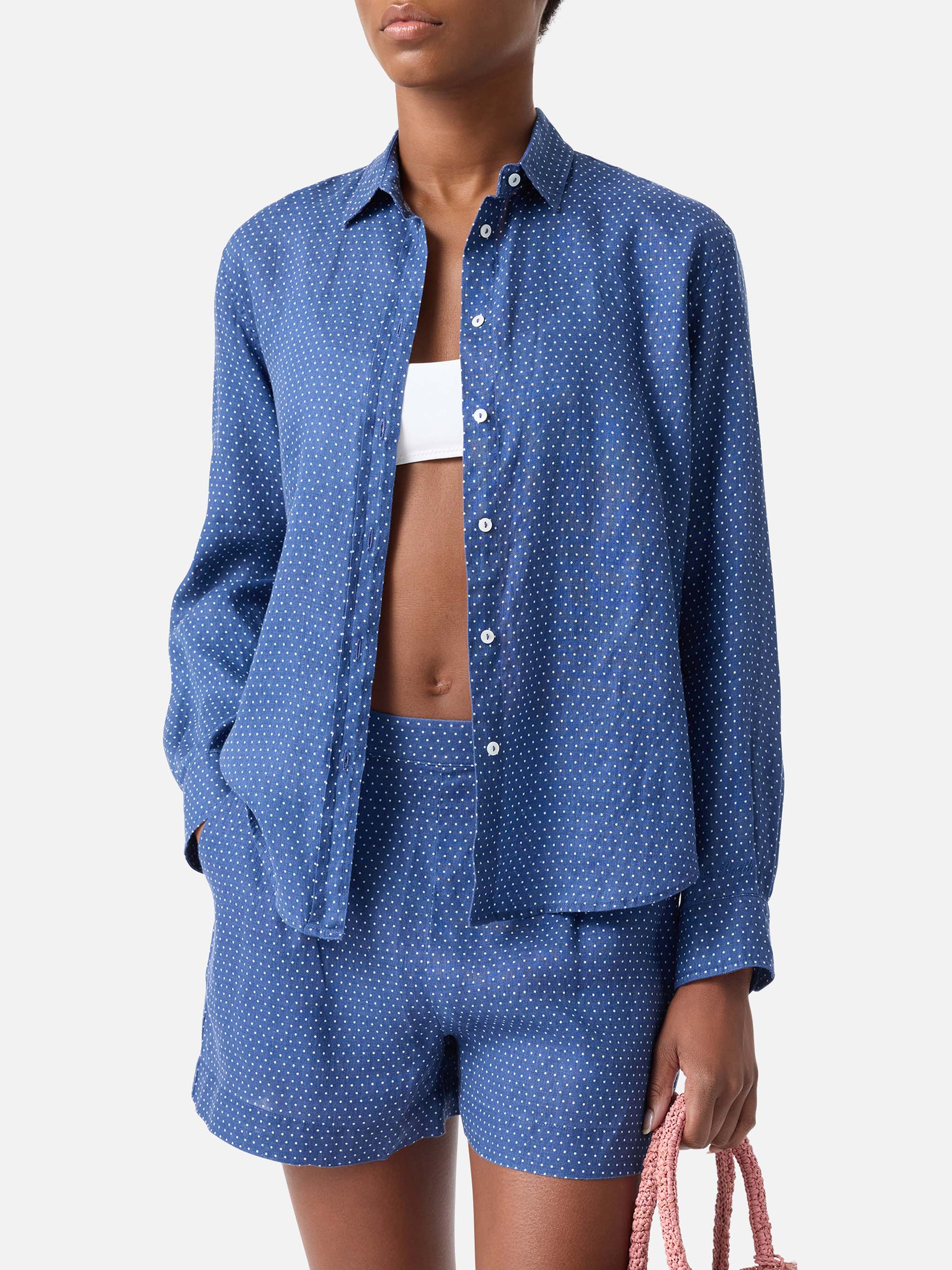 mc2-saint-barth-meredith-camicia-donna-in-lino-blu-a-pois-saint-barth image 1