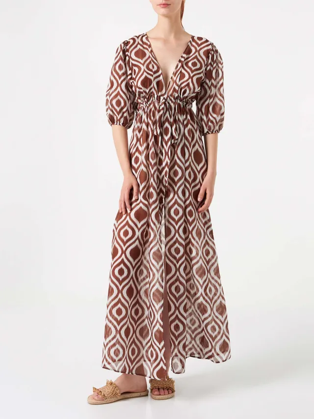 mc2-saint-barth-eloise-abito-lungo-da-spiaggia-cotone-e-seta-ikat-marrone image 1