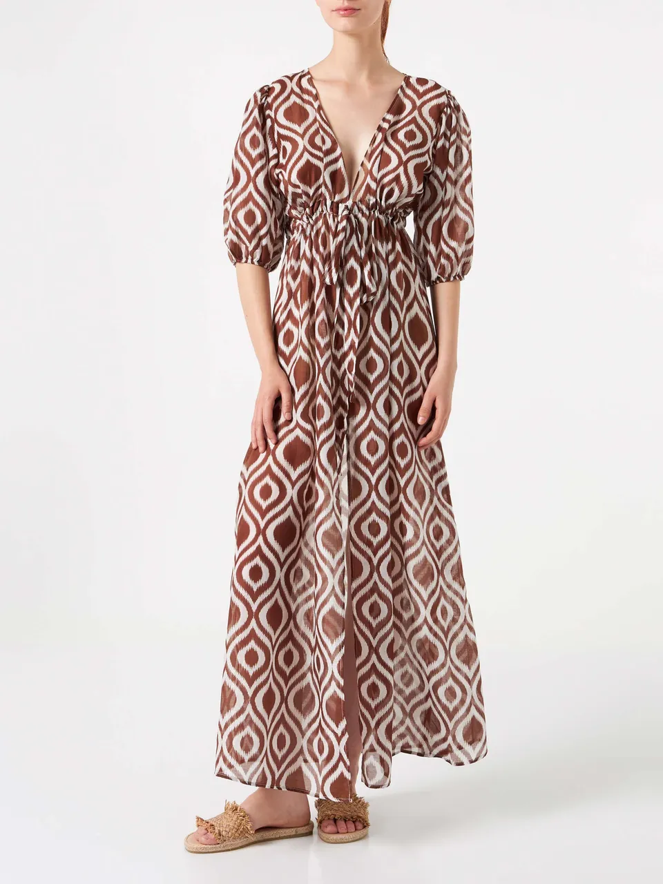 mc2-saint-barth-eloise-abito-lungo-da-spiaggia-cotone-e-seta-ikat-marrone image 1