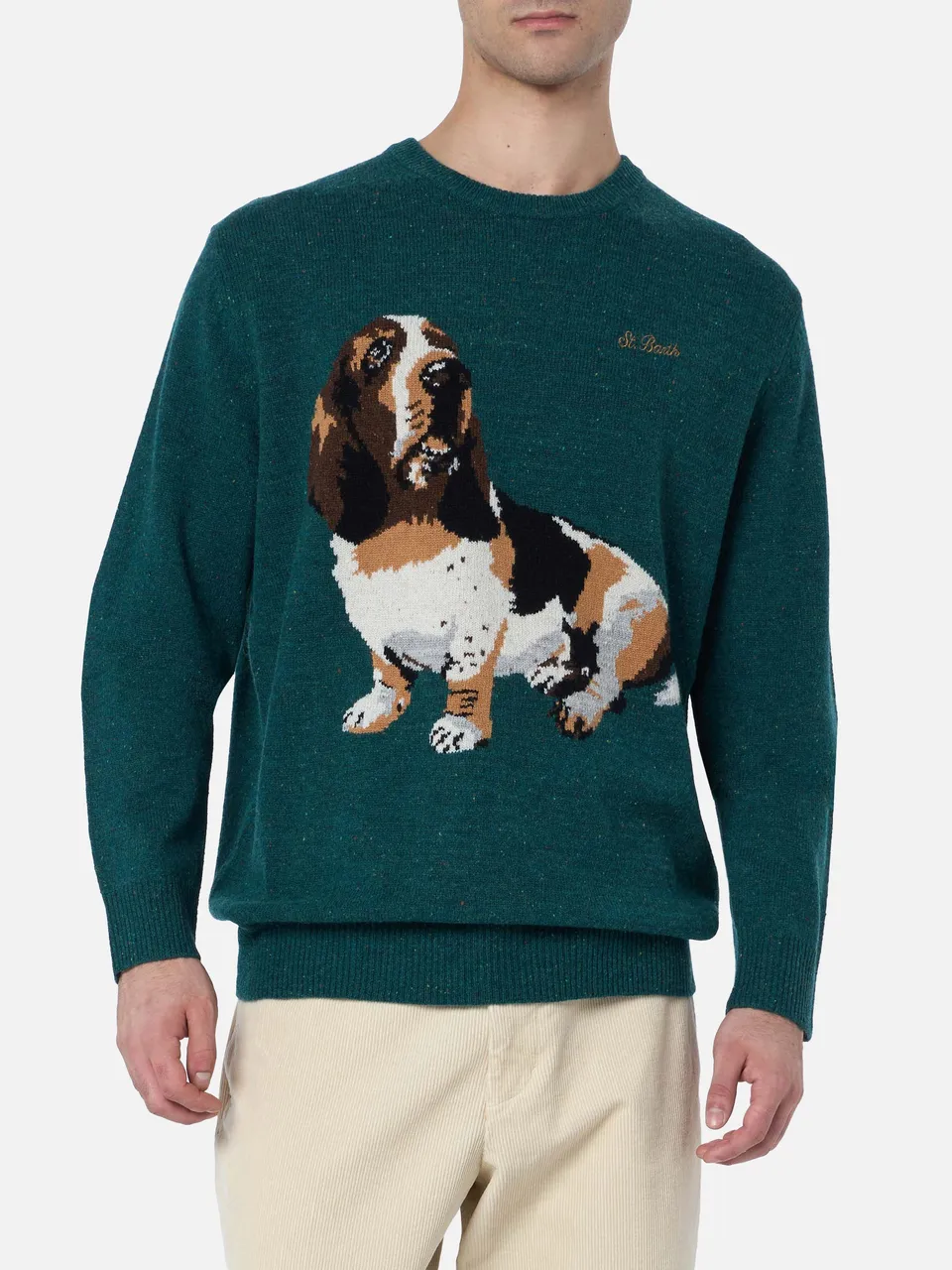 mc2-saint-barth-heron-maglione-girocollo-uomo-verde-con-jacquard-basset-hound image 1