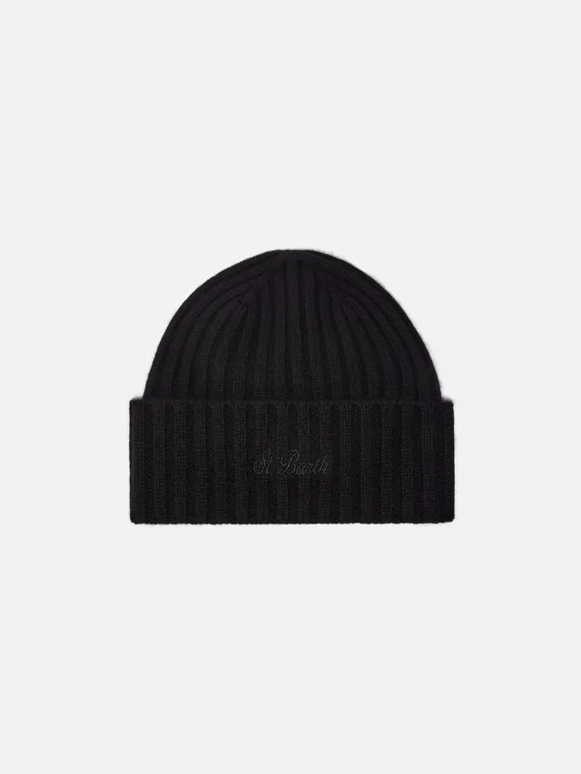 mc2-saint-barth-wengen-berretto-in-cashmere-nero-con-ricamo-st-barth-sul-risvolt image 1