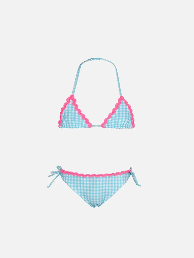 mc2-saint-barth-bikini-da-bambina-a-triangolo-con-stampa-vichy-celeste image 1