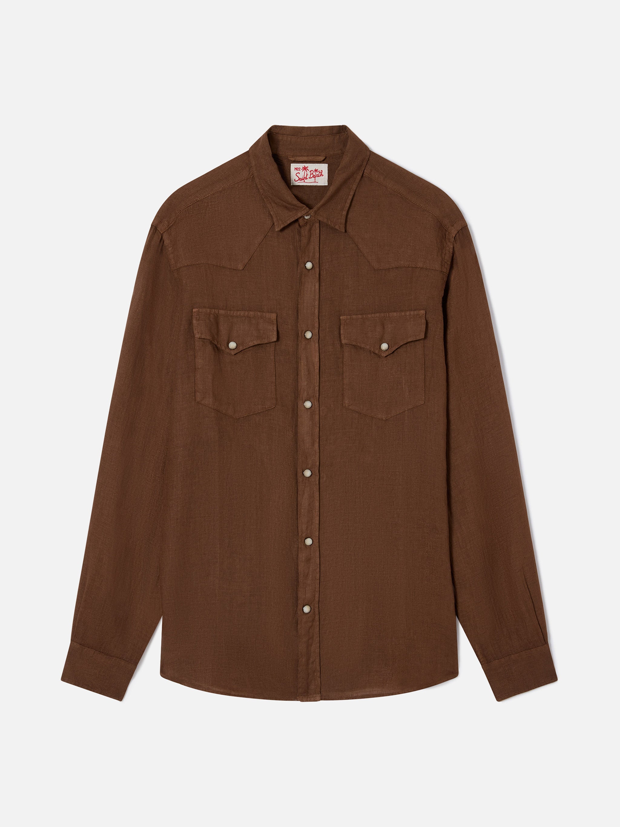 mc2-saint-barth-greg-camicia-uomo-lino-marrone-tinta-unita-vintage image 4