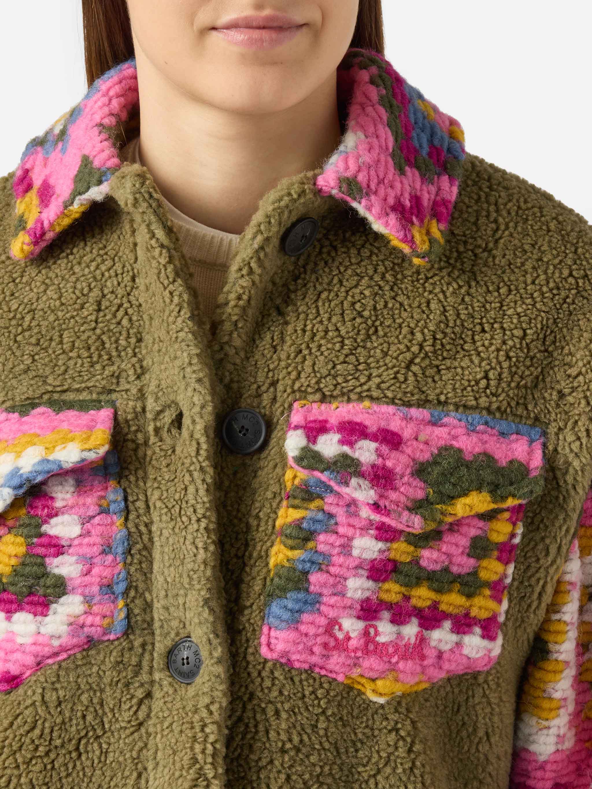 mc2-saint-barth-elys-overshirt-verde-militare-effetto-sherpa-con-crochet image 2