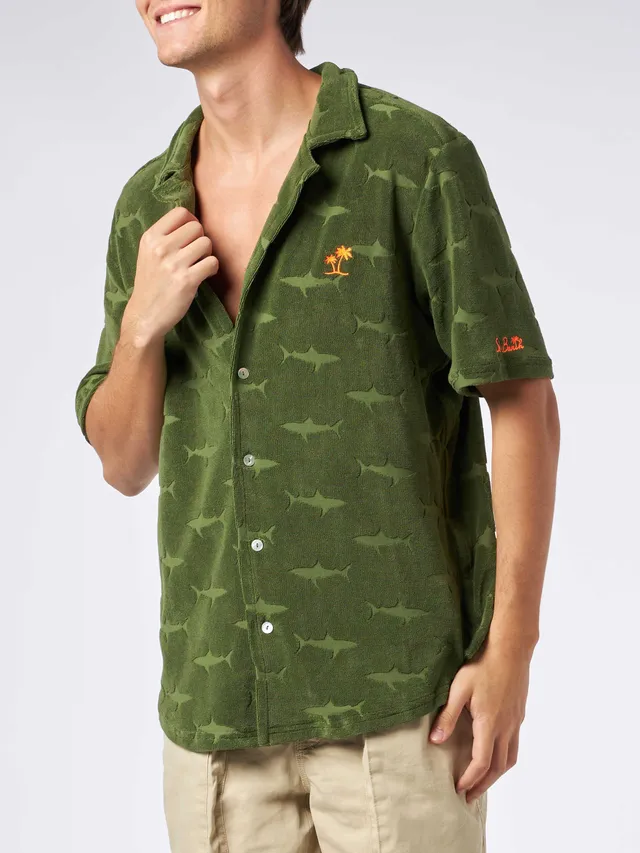 mc2-saint-barth-riviera-camicia-uomo-spugna-verde-militare-squali image 1