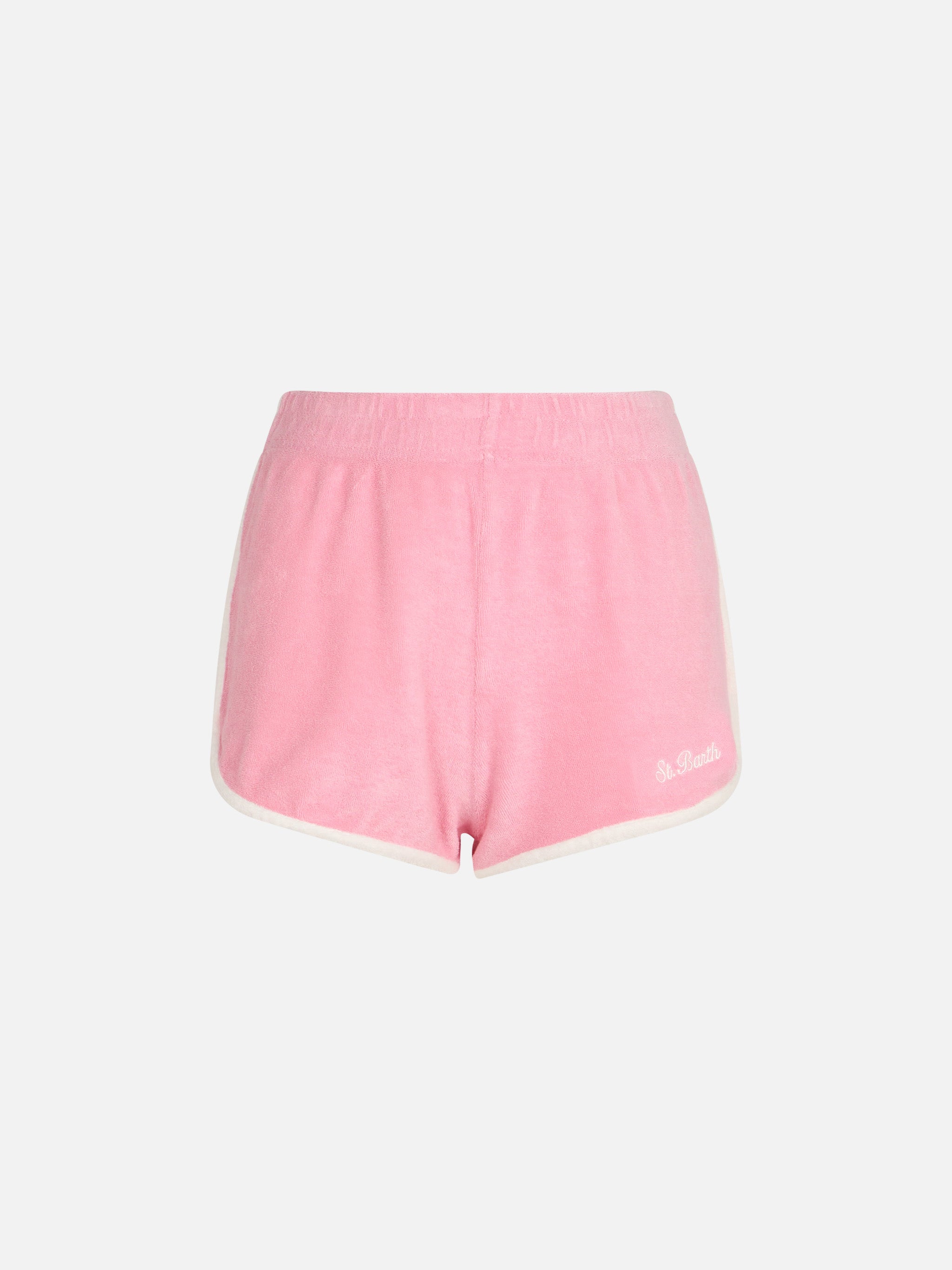 mc2-saint-barth-francine-short-donna-in-spugna-rosa-con-piping-e-ricamo image 4