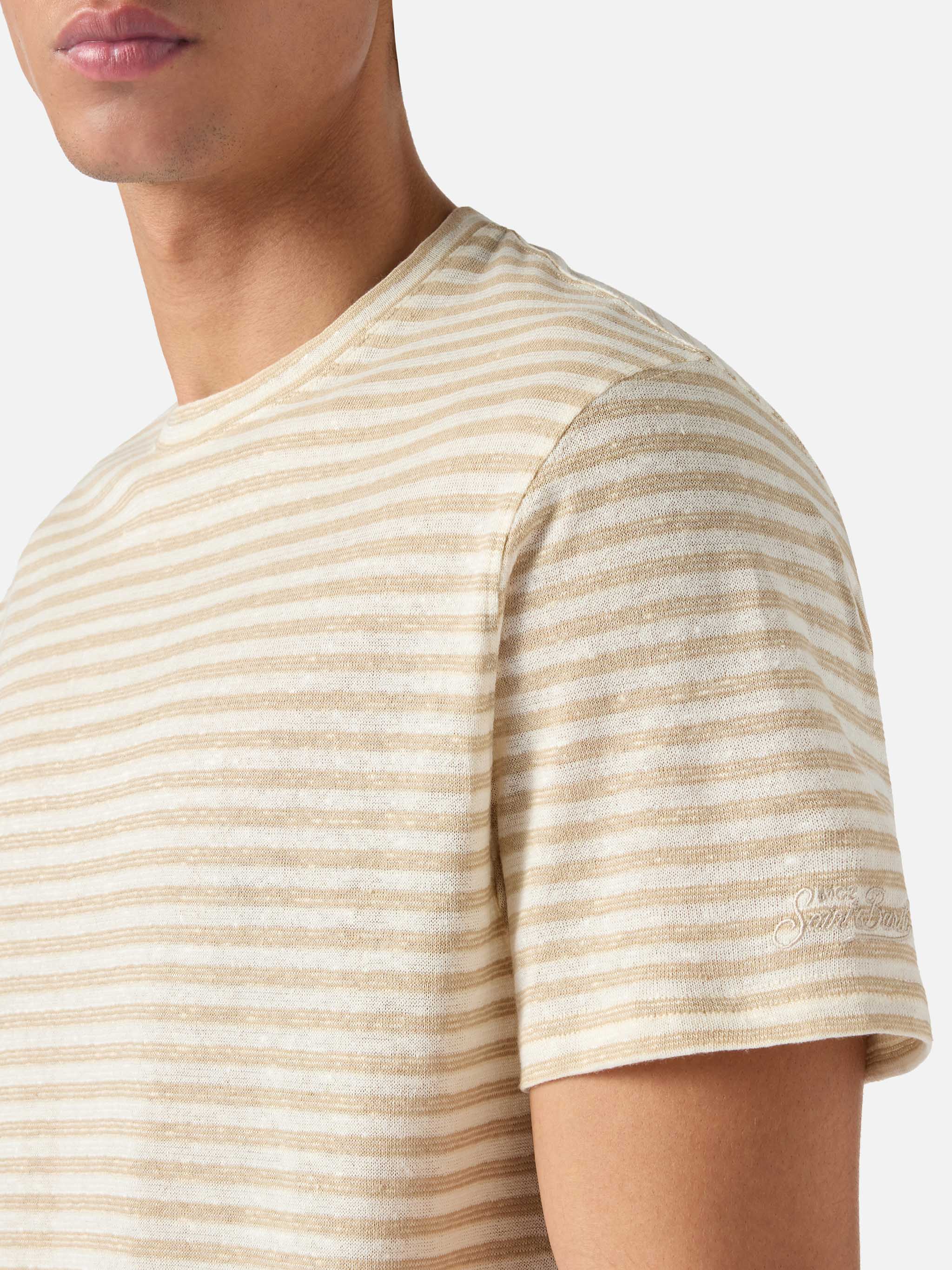 mc2-saint-barth-t-shirt-dover-uomo-in-cotone-a-righe-beige-con-ricamo-logo image 4