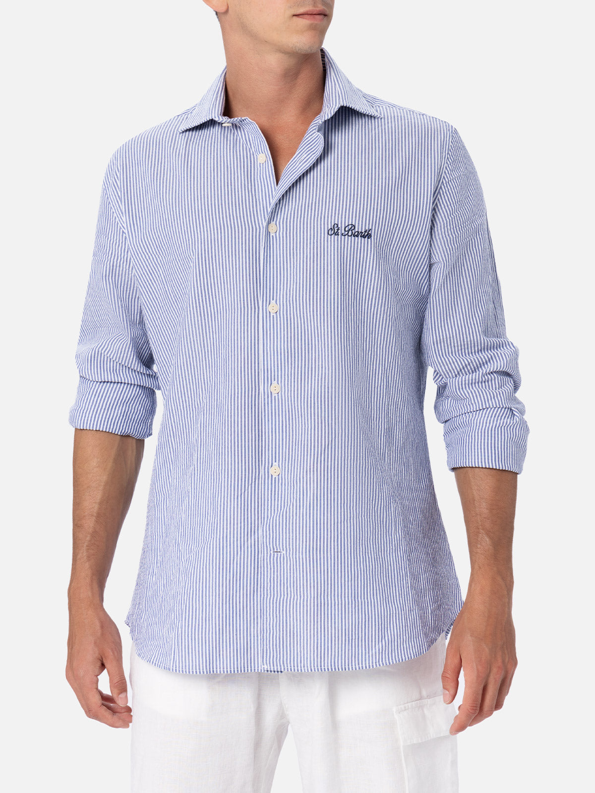 camicia-pamplona-mc2-saint-barth-in-cotone-seersucker-a-righe-azzurre image 1