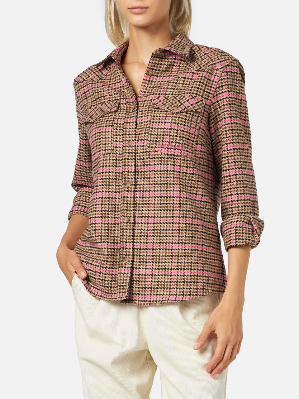 mc2-saint-barth-overshirt-deer-donna-con-stampa-pied-de-poule-marrone image 1