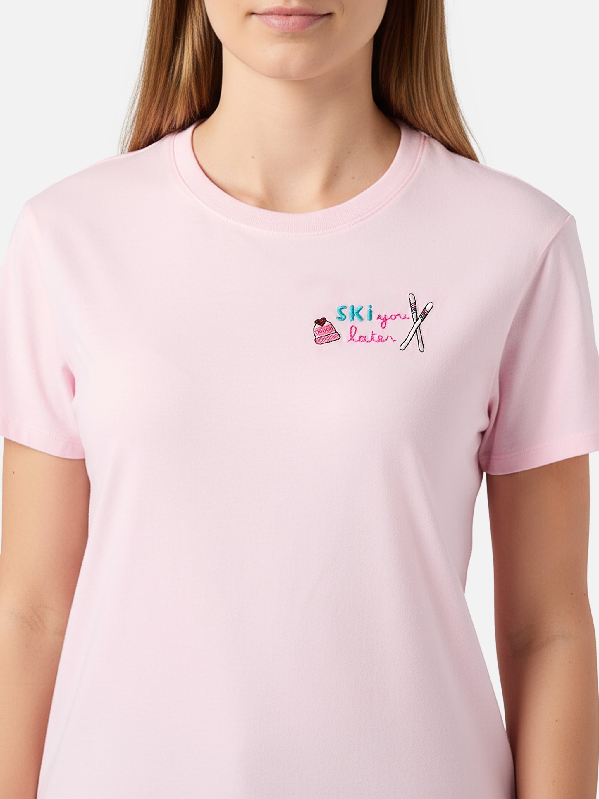 mc2-saint-barth-t-shirt-donna-emilie-cotone-rosa-ricamo-ski-you-later image 1