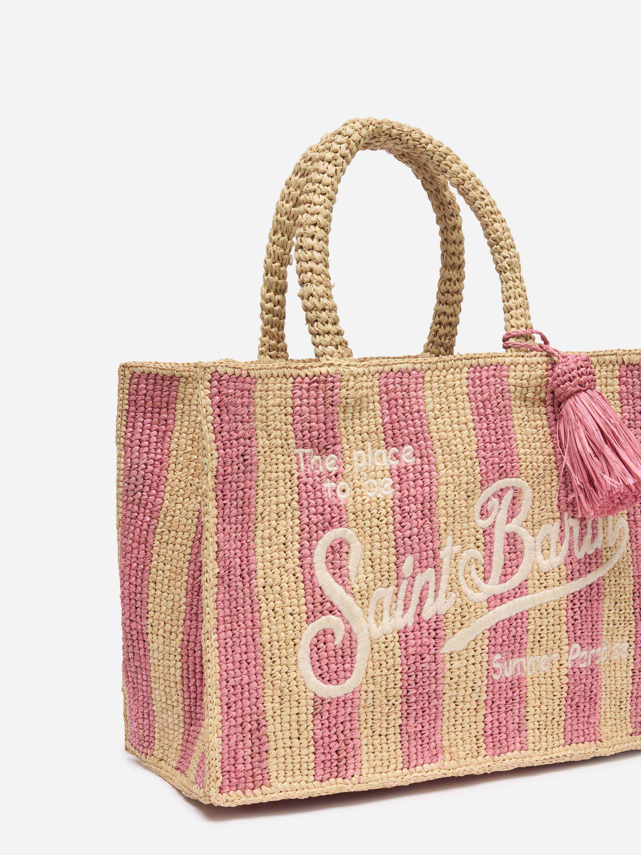 mc2-saint-barth-borsa-colette-in-rafia-rosa-a-righe-con-logo-ricamato image 3