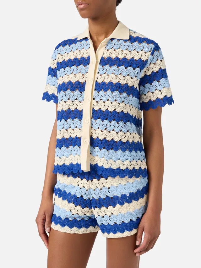 mc2-saint-barth-polo-monet-donna-in-maglia-crochet-a-righe-blu image 1