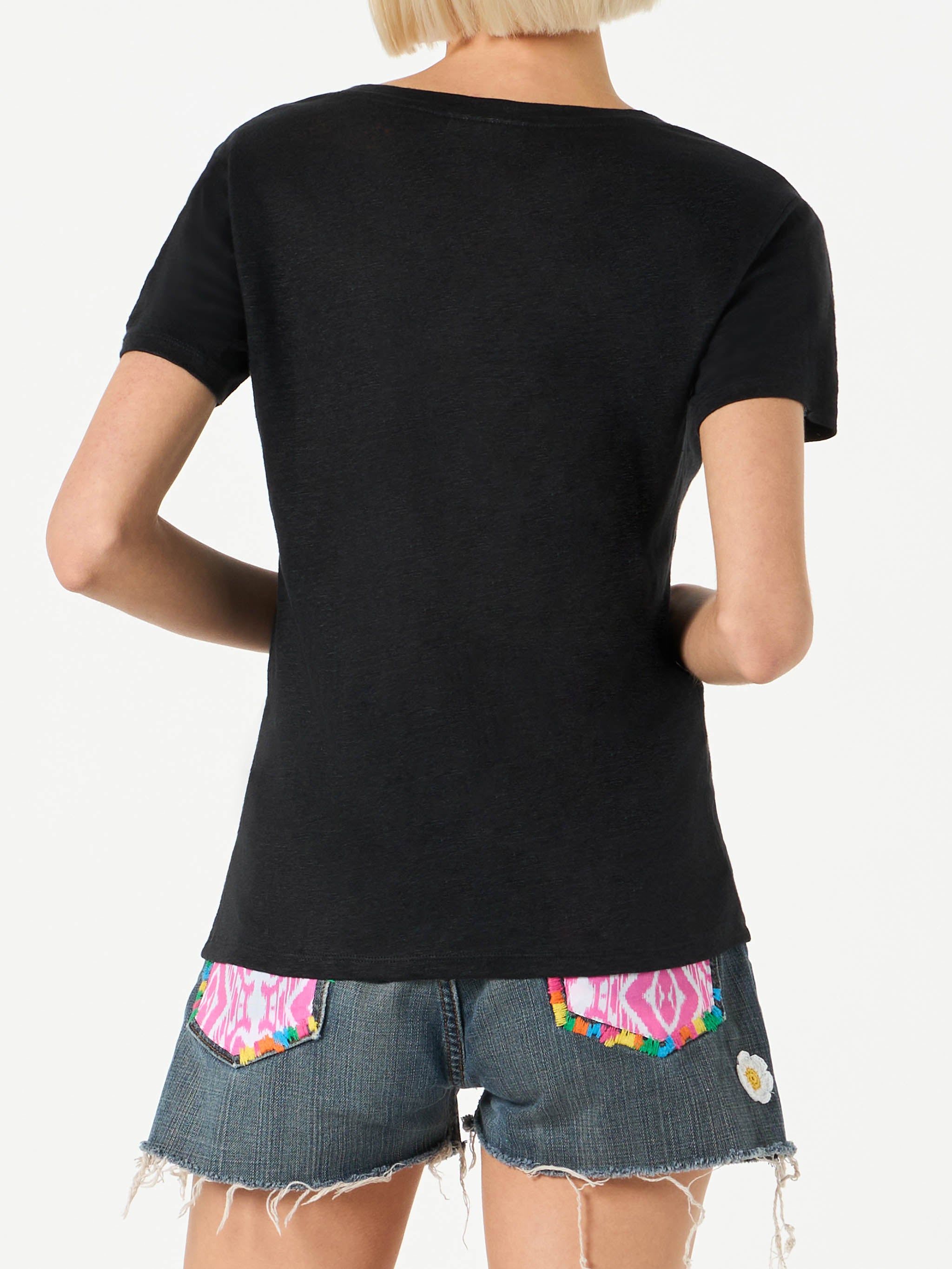 mc2-saint-barth-t-shirt-donna-in-lino-nero-scollo-a-v-stile-st-barth image 3