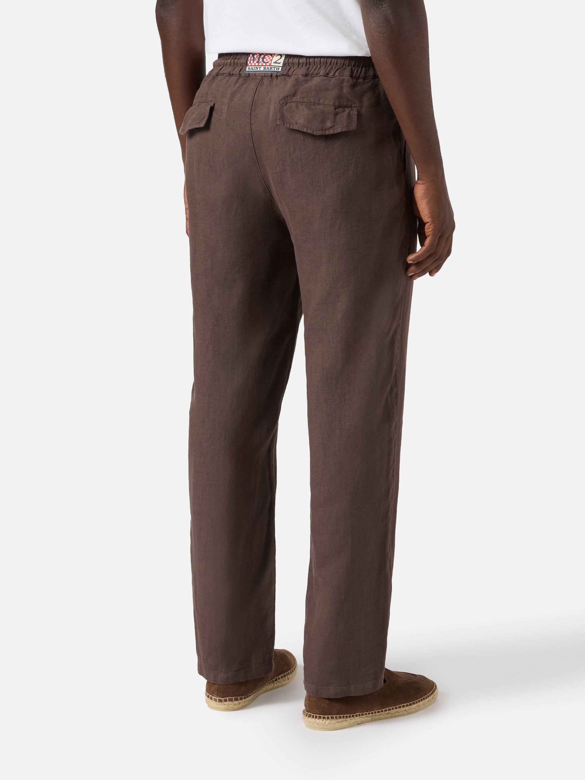 mc2-saint-barth-pantalone-calais-lungo-marrone-scuro-in-puro-lino image 2